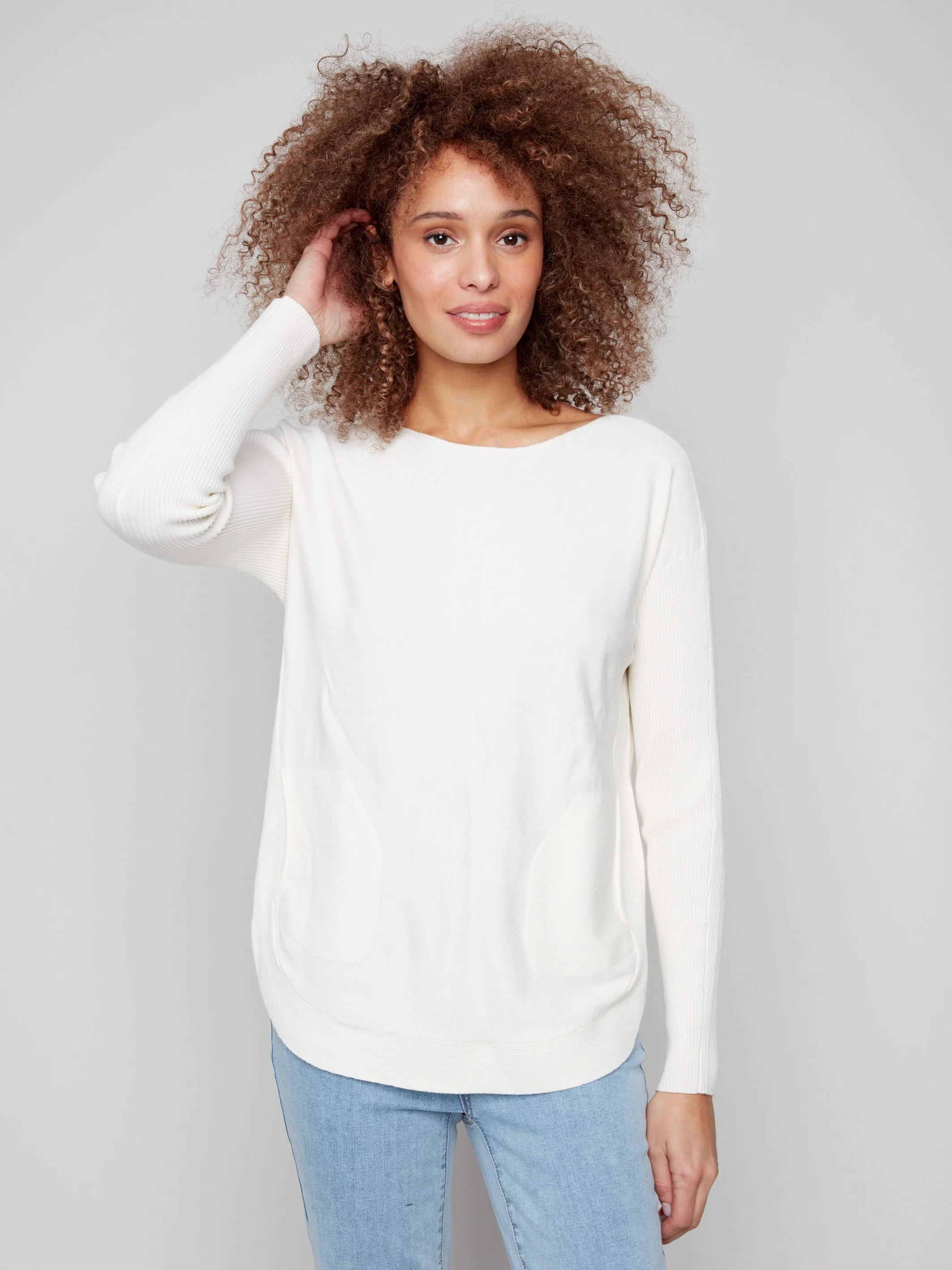 Knit Sweater With Back Lace-Up Detail - Ecru - WHSBYS