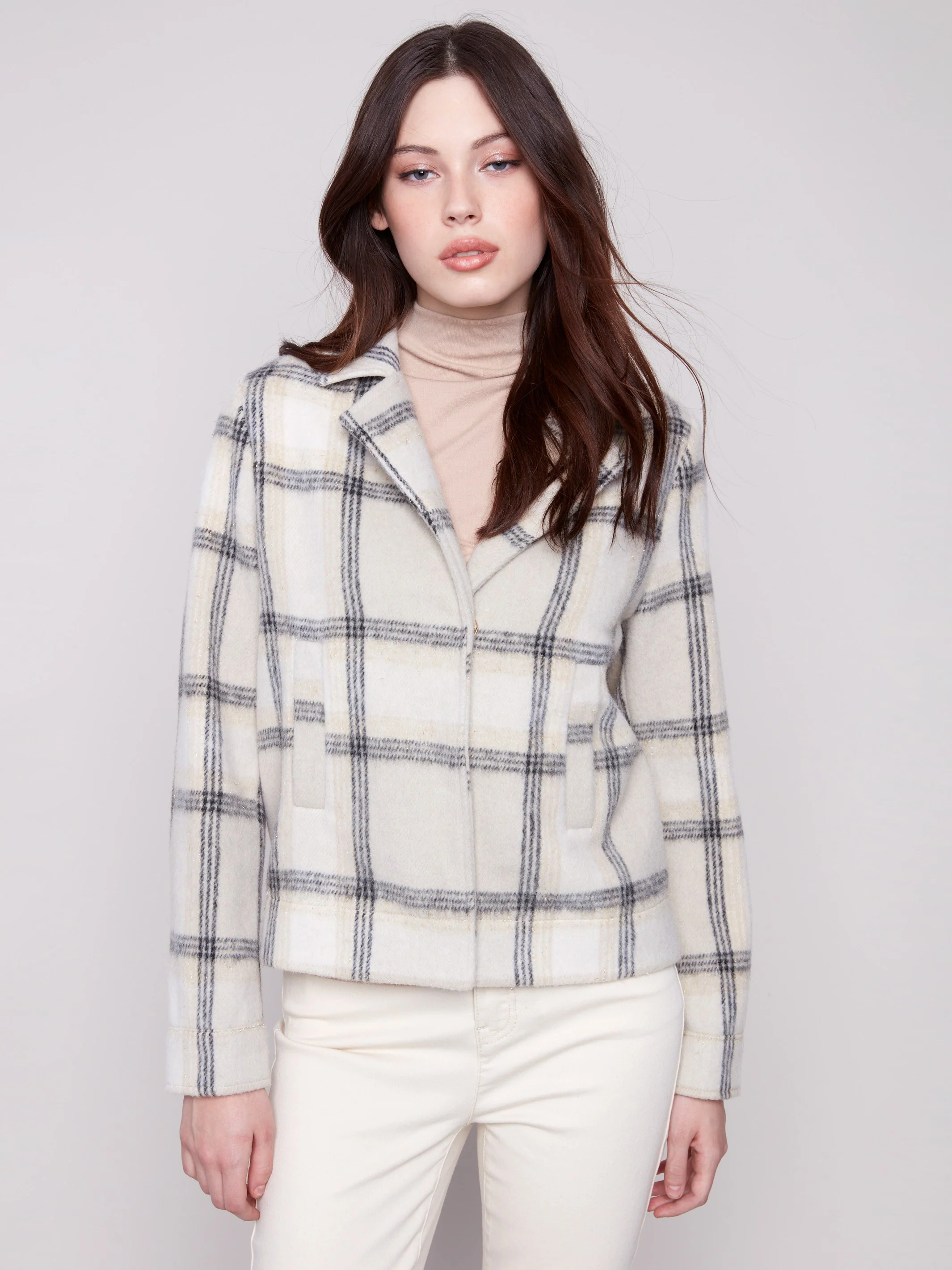 Plaid Lurex Knit Short Coat - Beige - WHSBYS