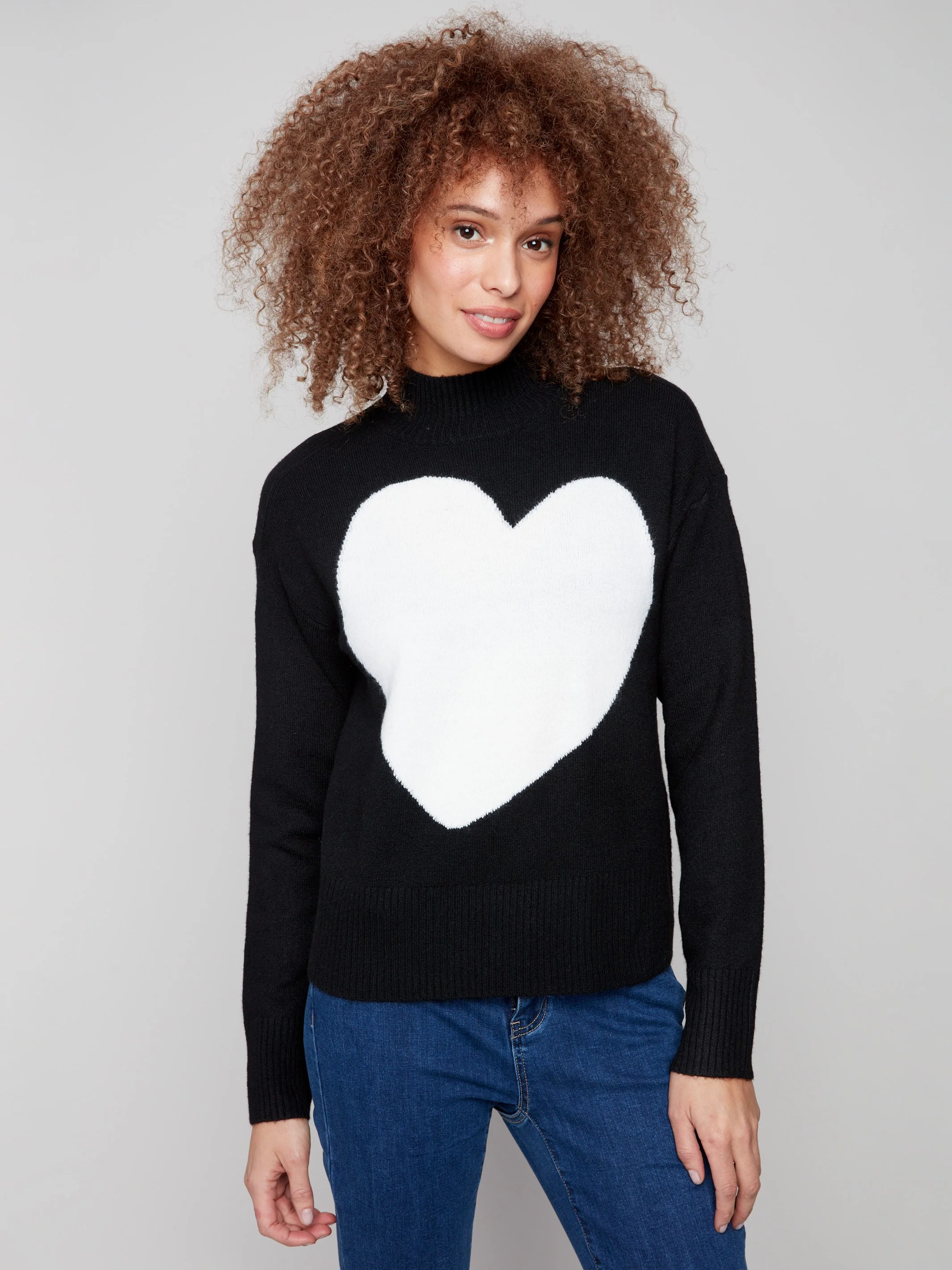 Heart Mock Neck Drop Shoulder Sweater - Black - WHSBYS