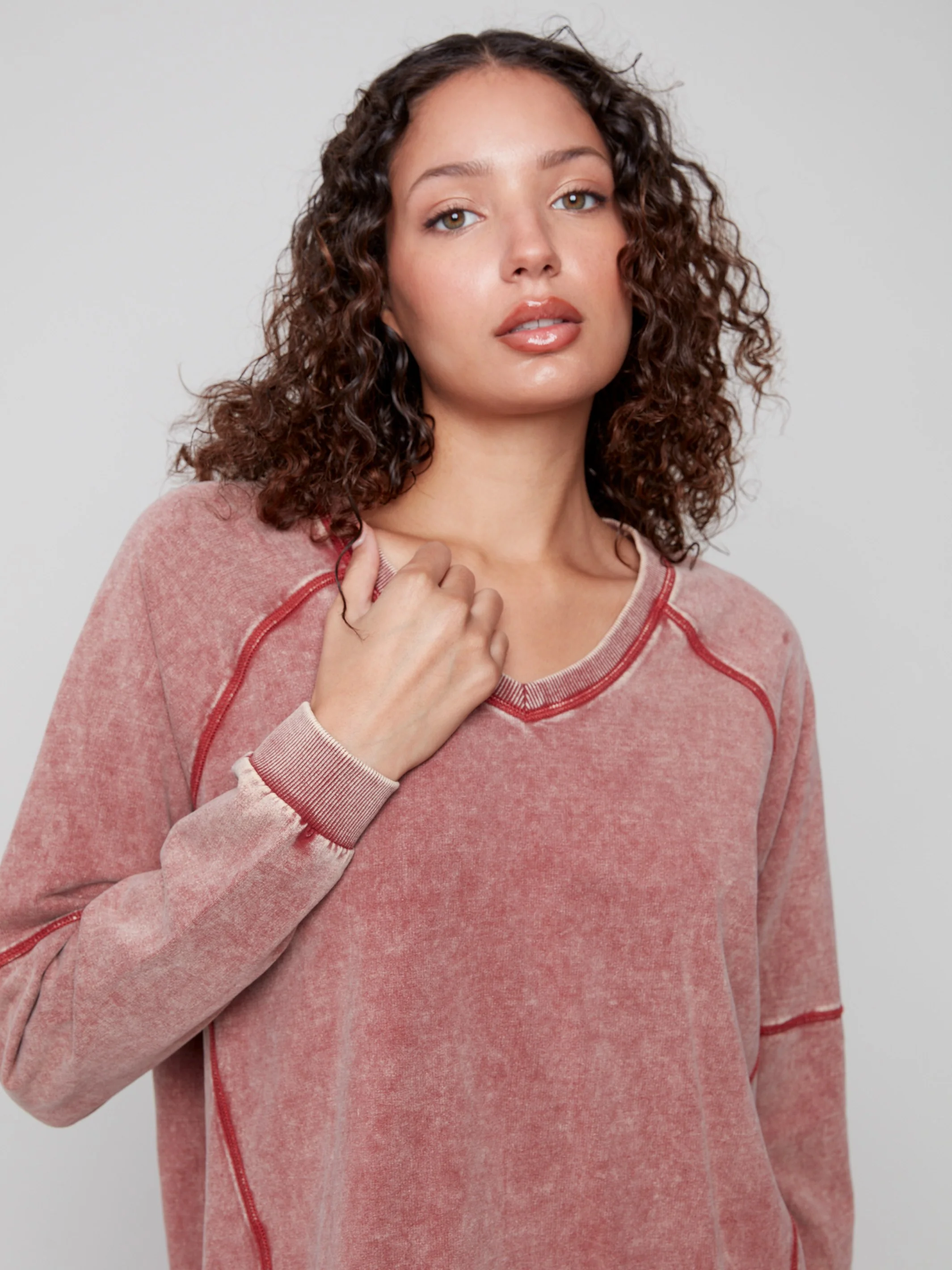 Cold Dye French Terry V-Neck Top - Cabernet - WHSBYS