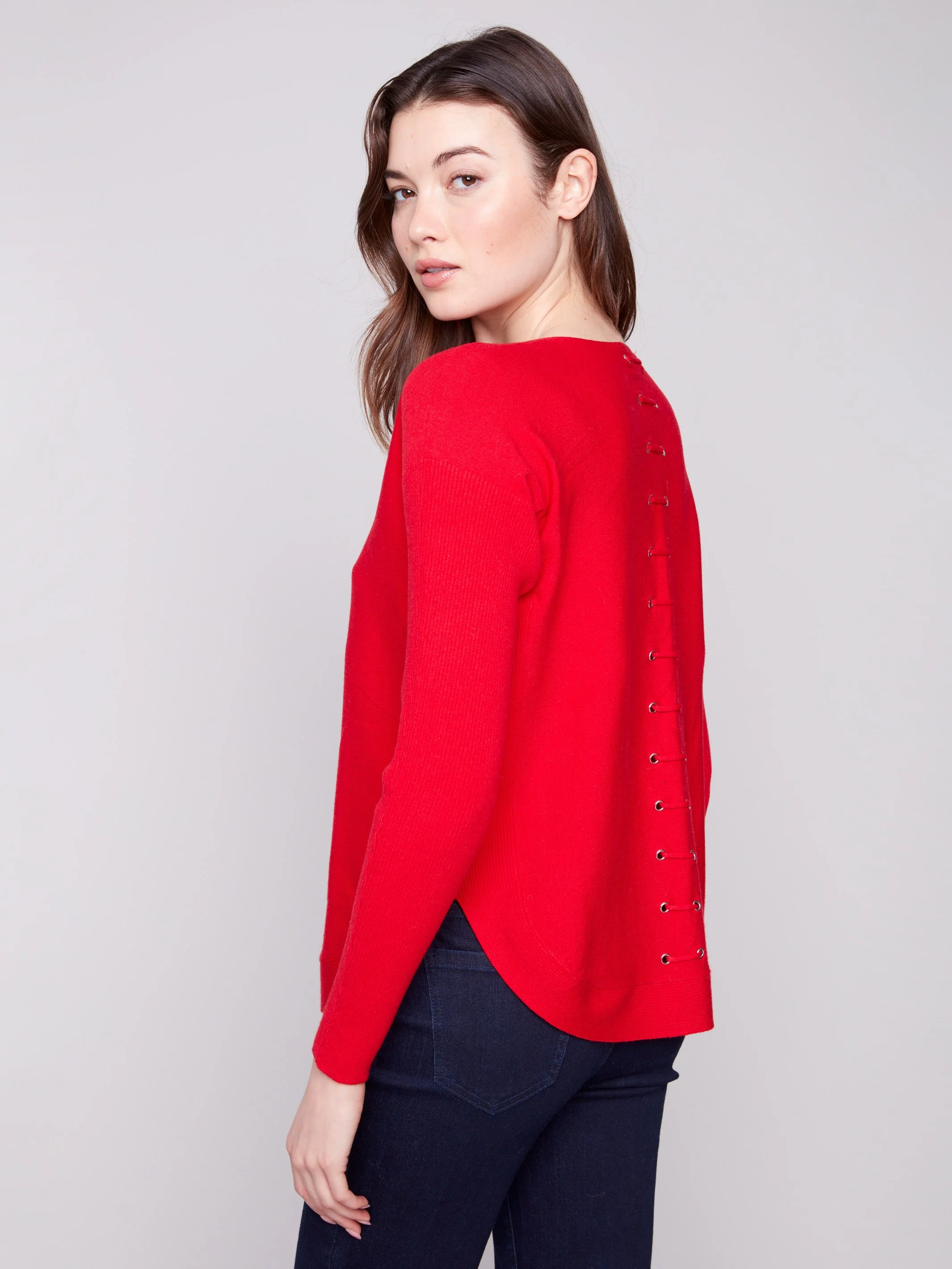 Knit Sweater With Back Lace-Up Detail - Crimson - WHSBYS