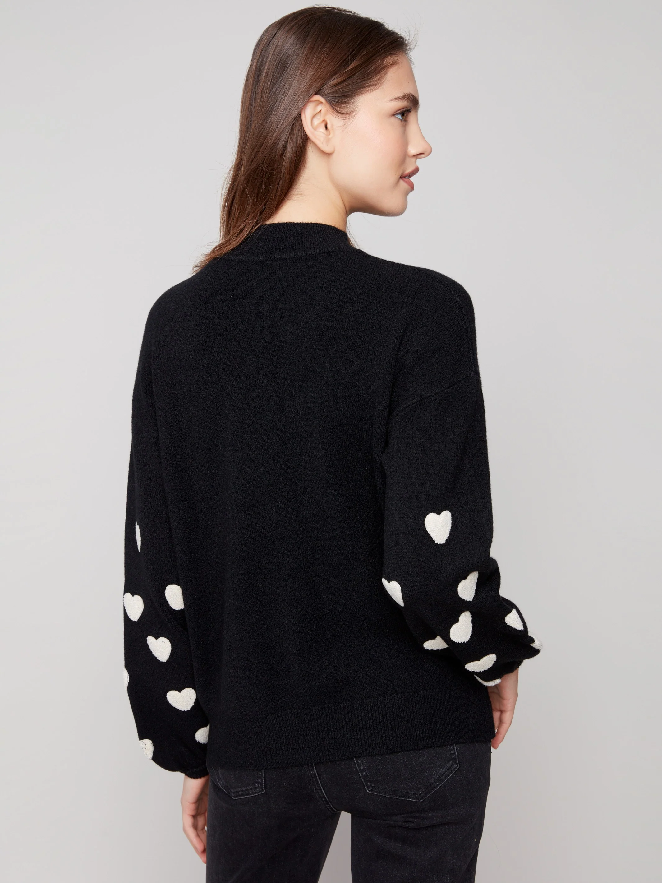 Mock Neck Sweater With Embroidered Hearts - Black - WHSBYS
