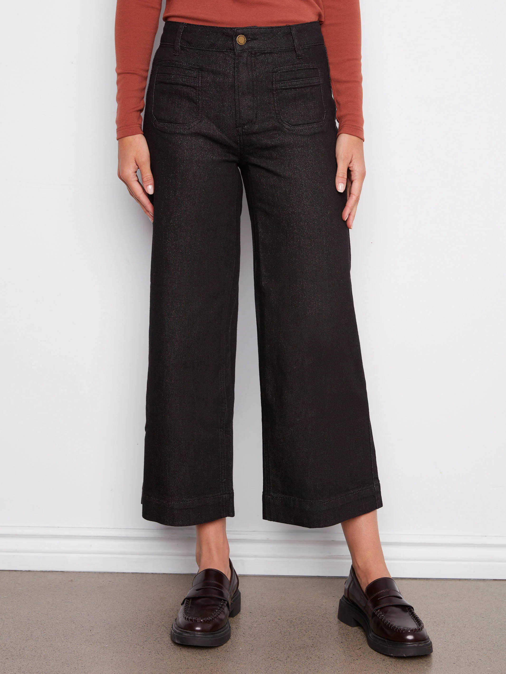 Metallic Patch Pocket Flare Jeans - Black - WHSBYS