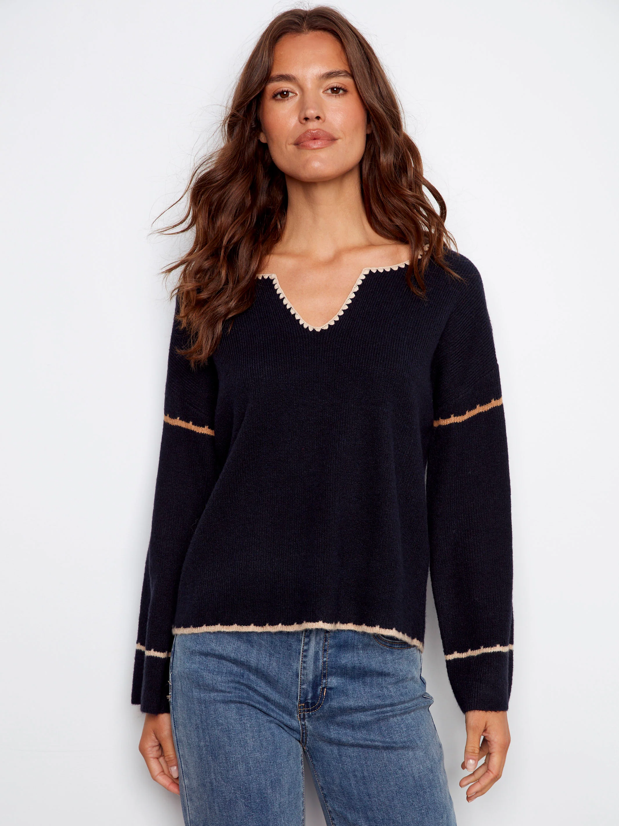 Embroidered Ribbed Sweater With Notch Neck - Navy - WHSBYS