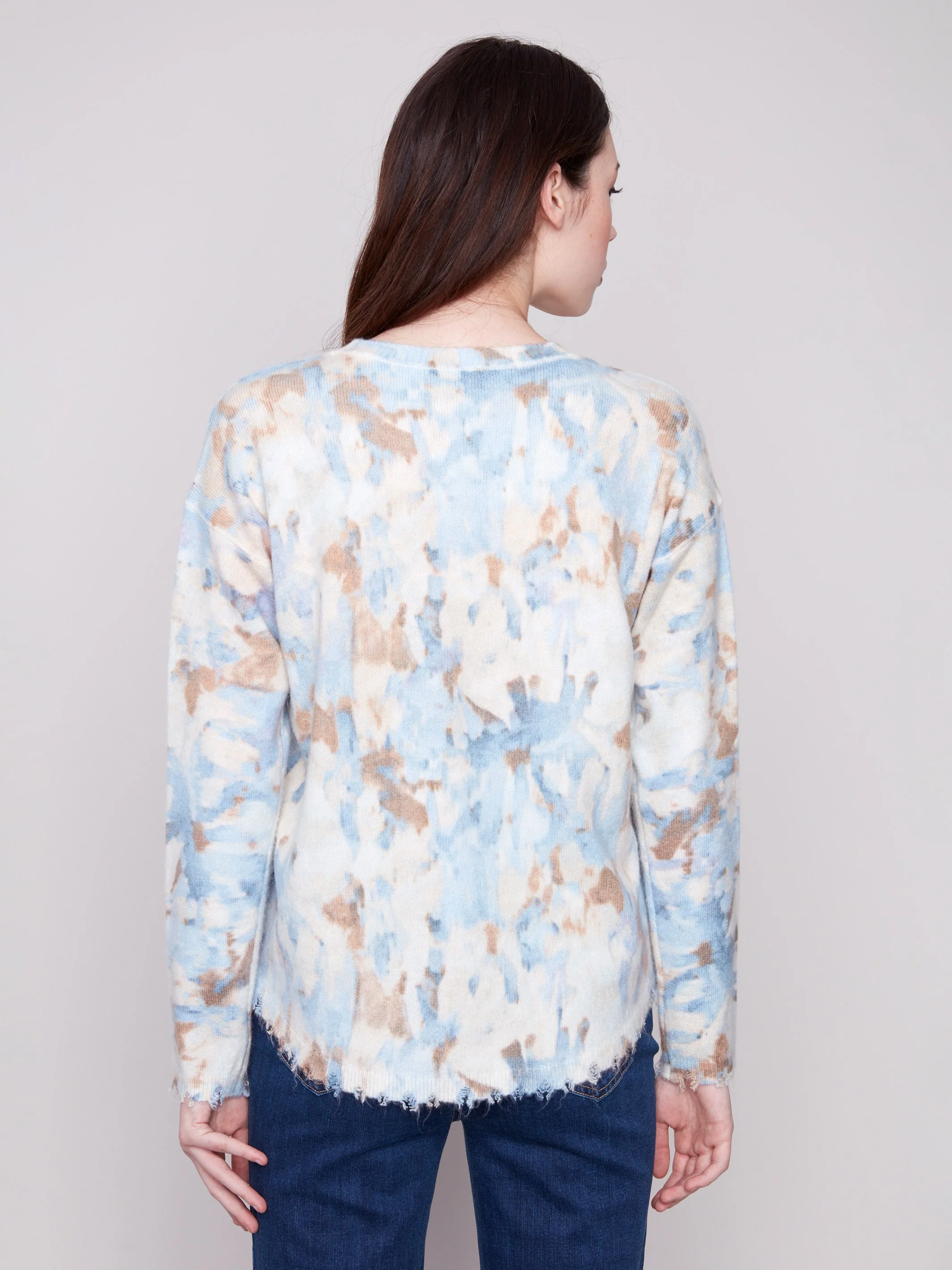 Reversible Printed Plush Sweater With Frayed Edges - Vapor - WHSBYS