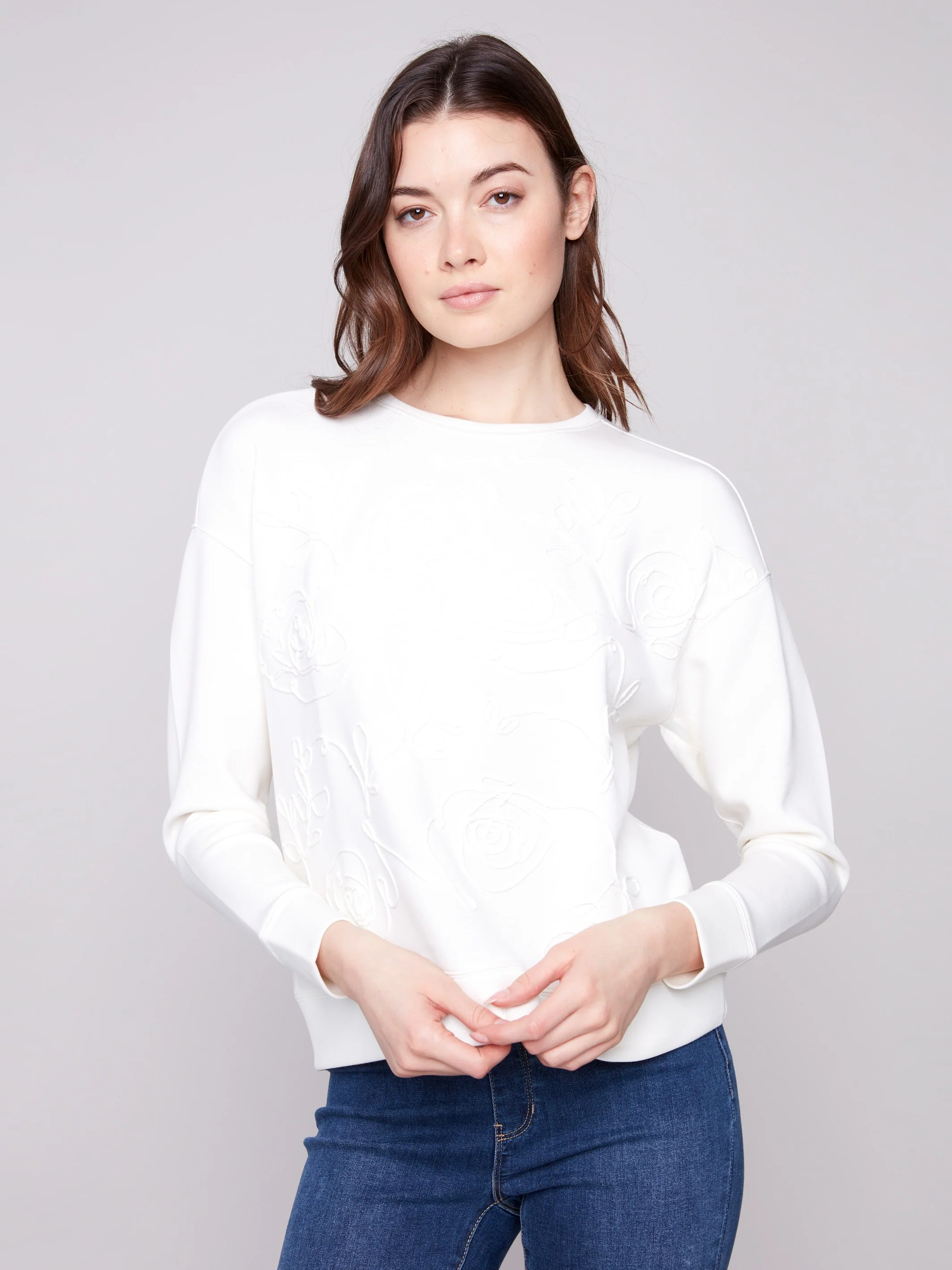 Scuba Knit Top with Soutache Detail - Ecru - WHSBYS