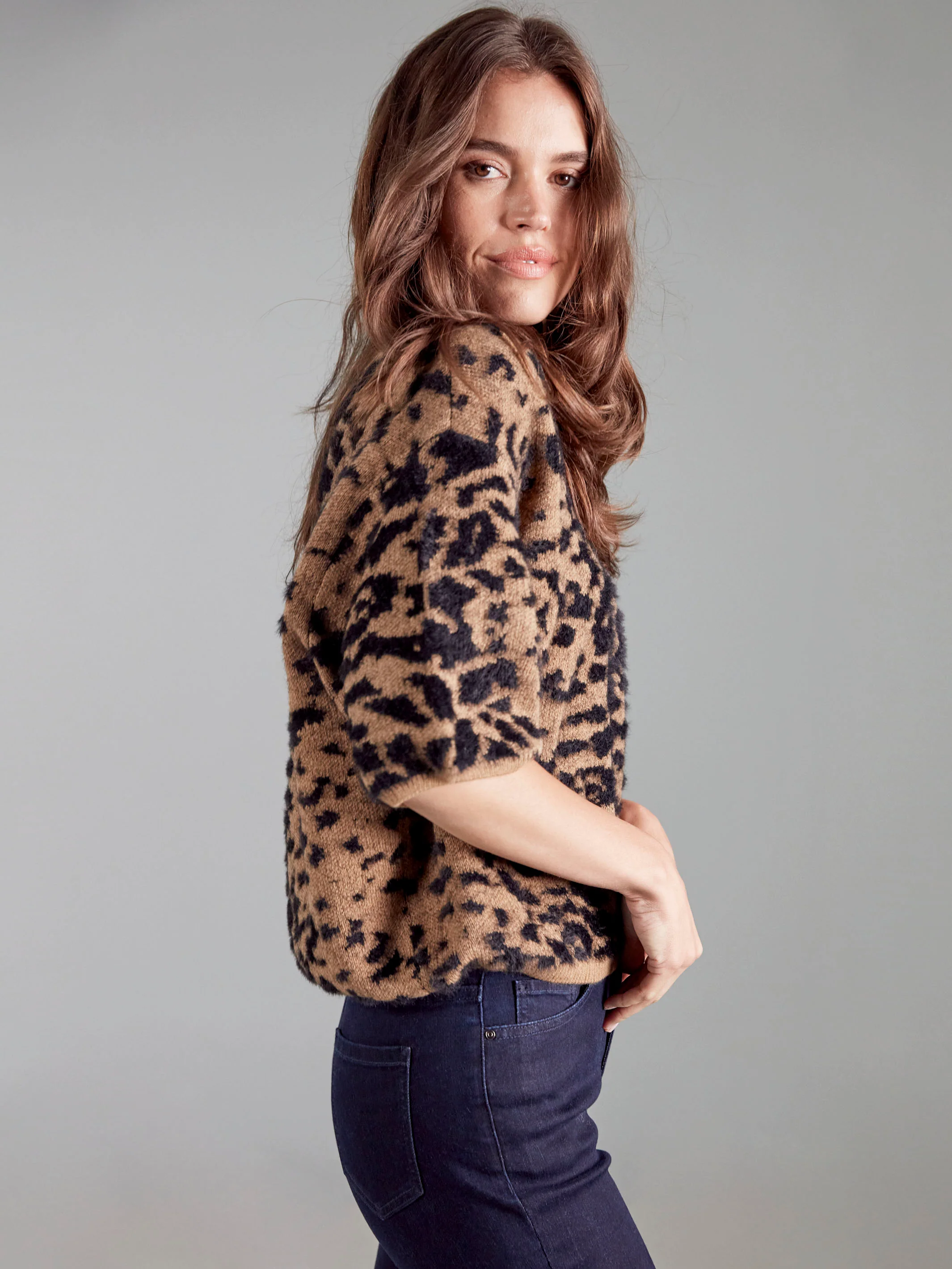 Balloon Elbow Sleeve Knit Sweater - Leopard - WHSBYS