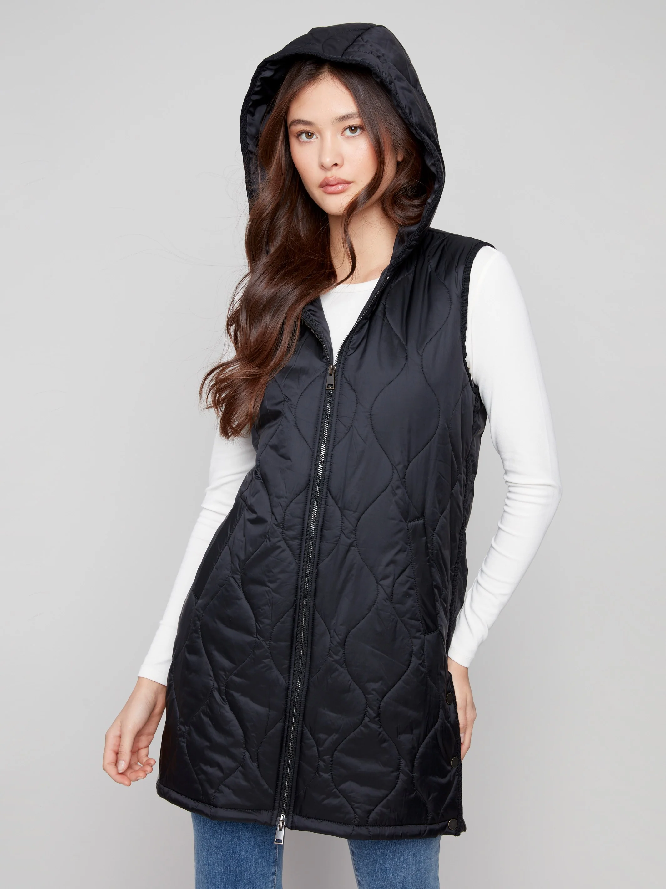 Pearlized Long Hooded Vest - Black - WHSBYS