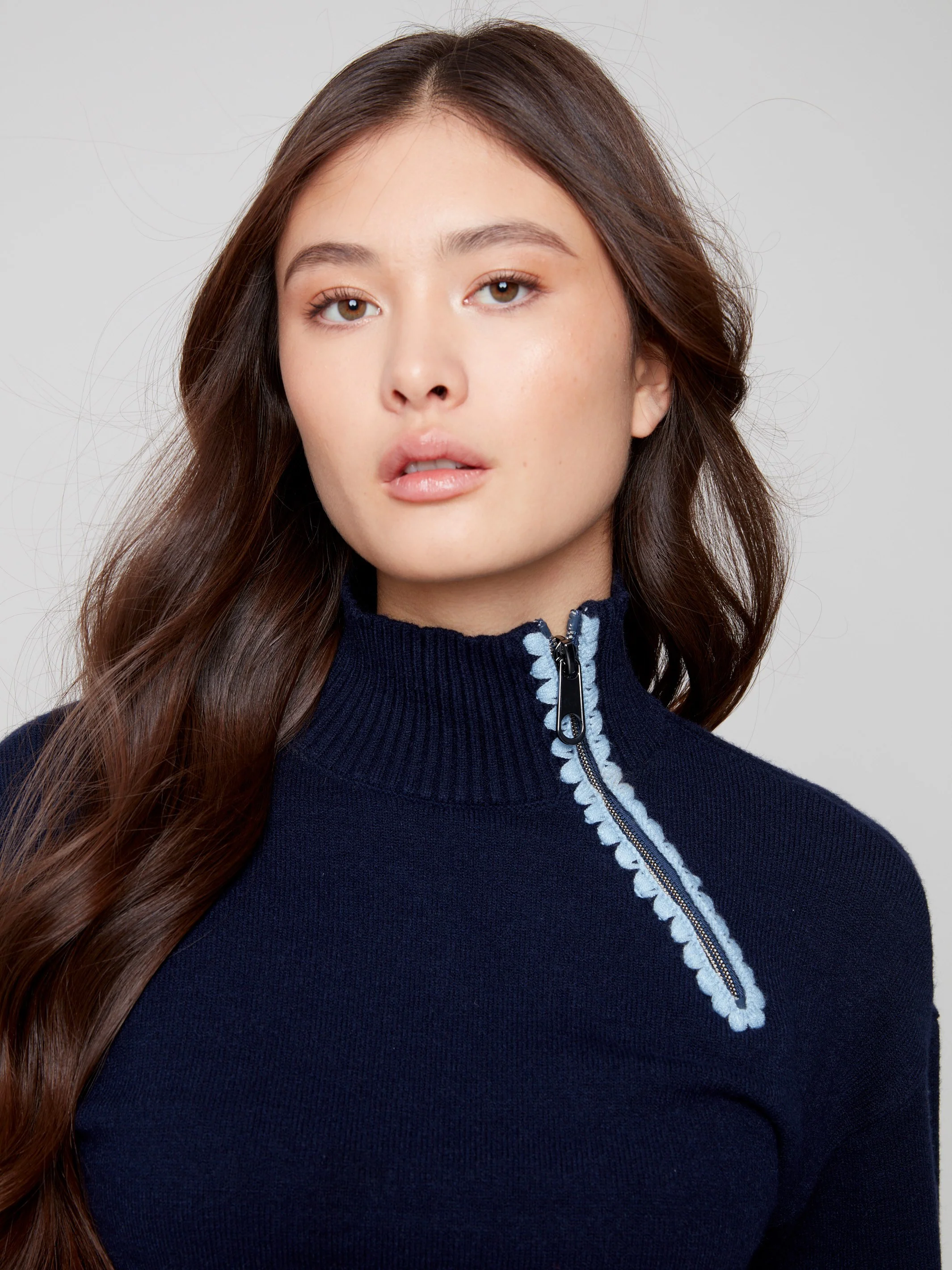 Mock Neck Sweater With Zipper & Crochet Details - Navy - WHSBYS