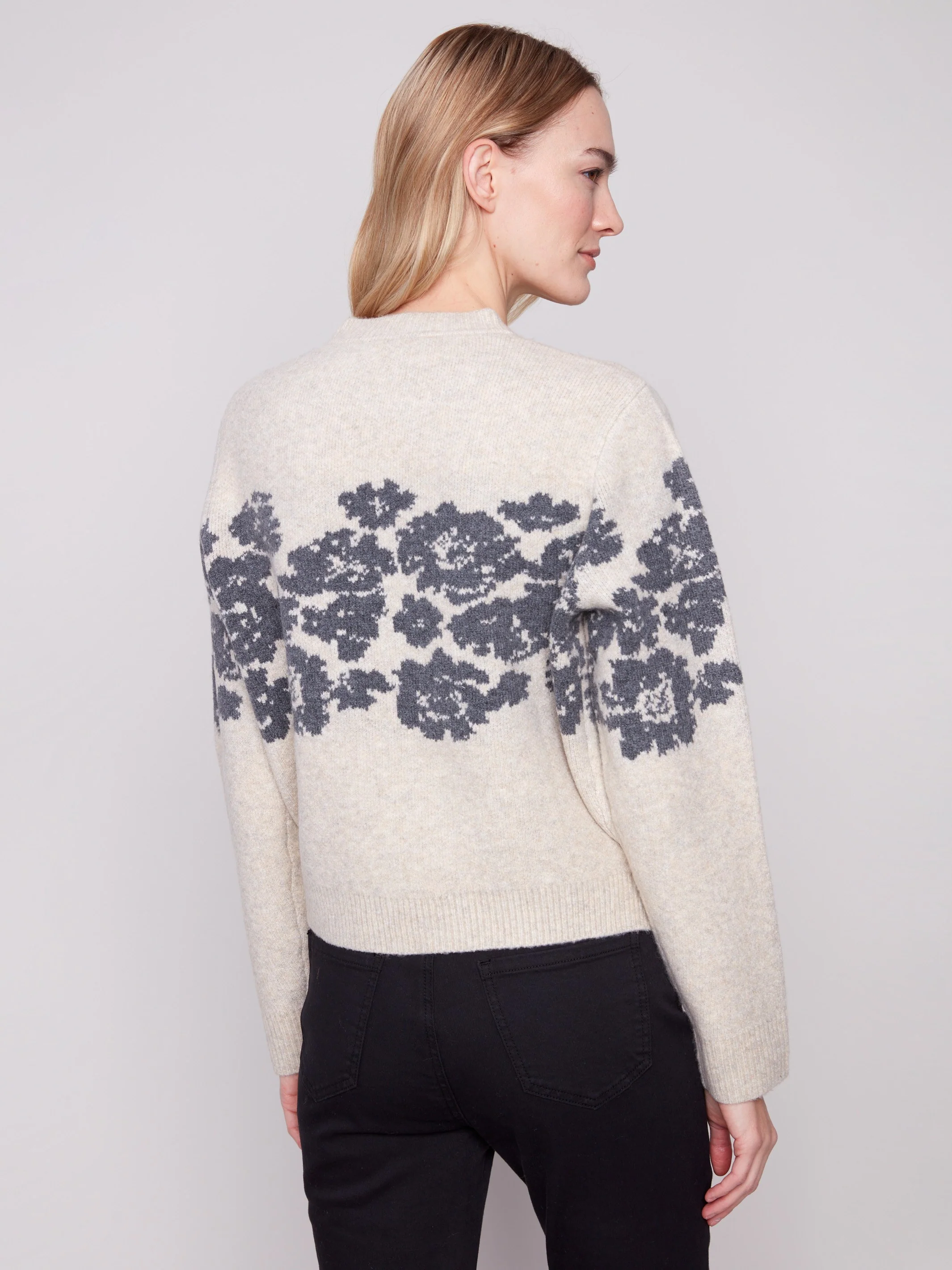 Flower Jacquard Crew Neck Sweater - Heather Vanilla - WHSBYS