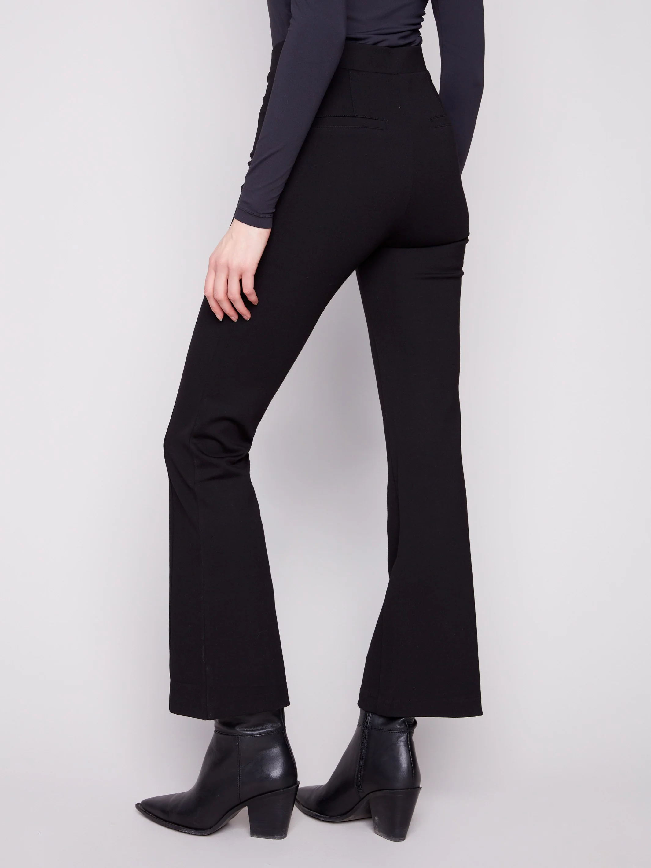 Flare Ponte Pull-On Pants With Front Buttons - Black - WHSBYS