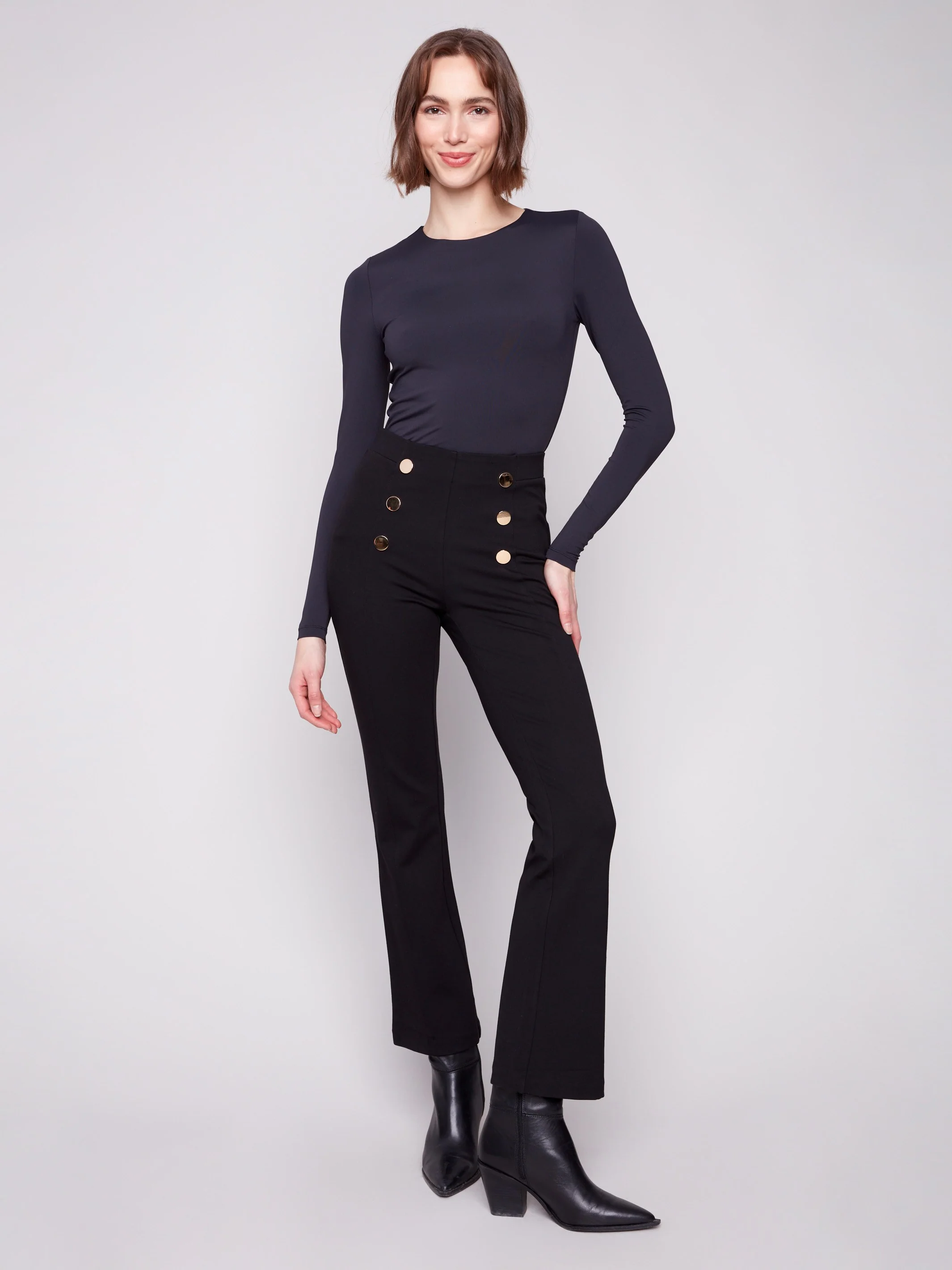 Flare Ponte Pull-On Pants With Front Buttons - Black - WHSBYS
