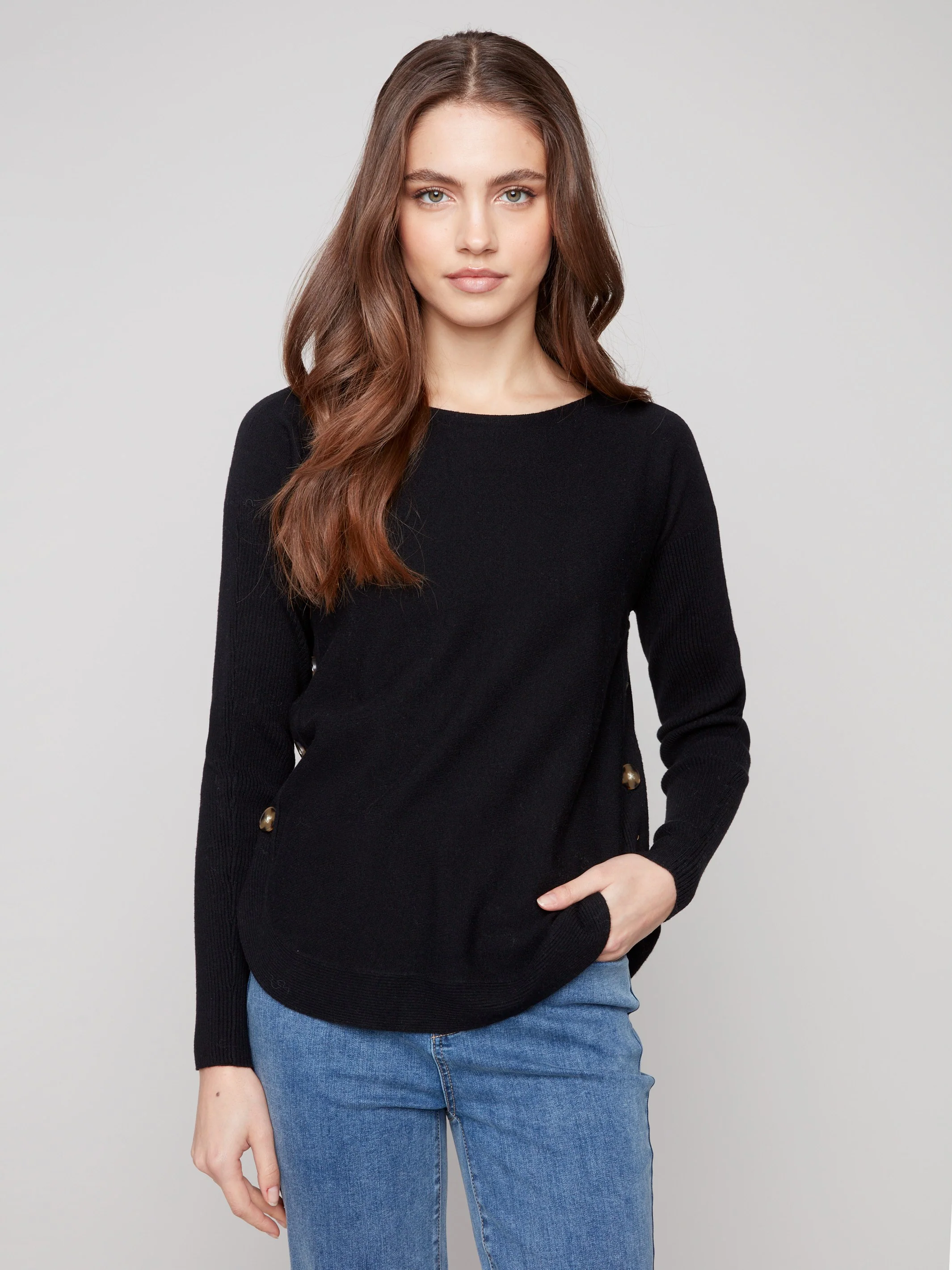 Boat Neck Sweater With Side Buttons - Black - WHSBYS