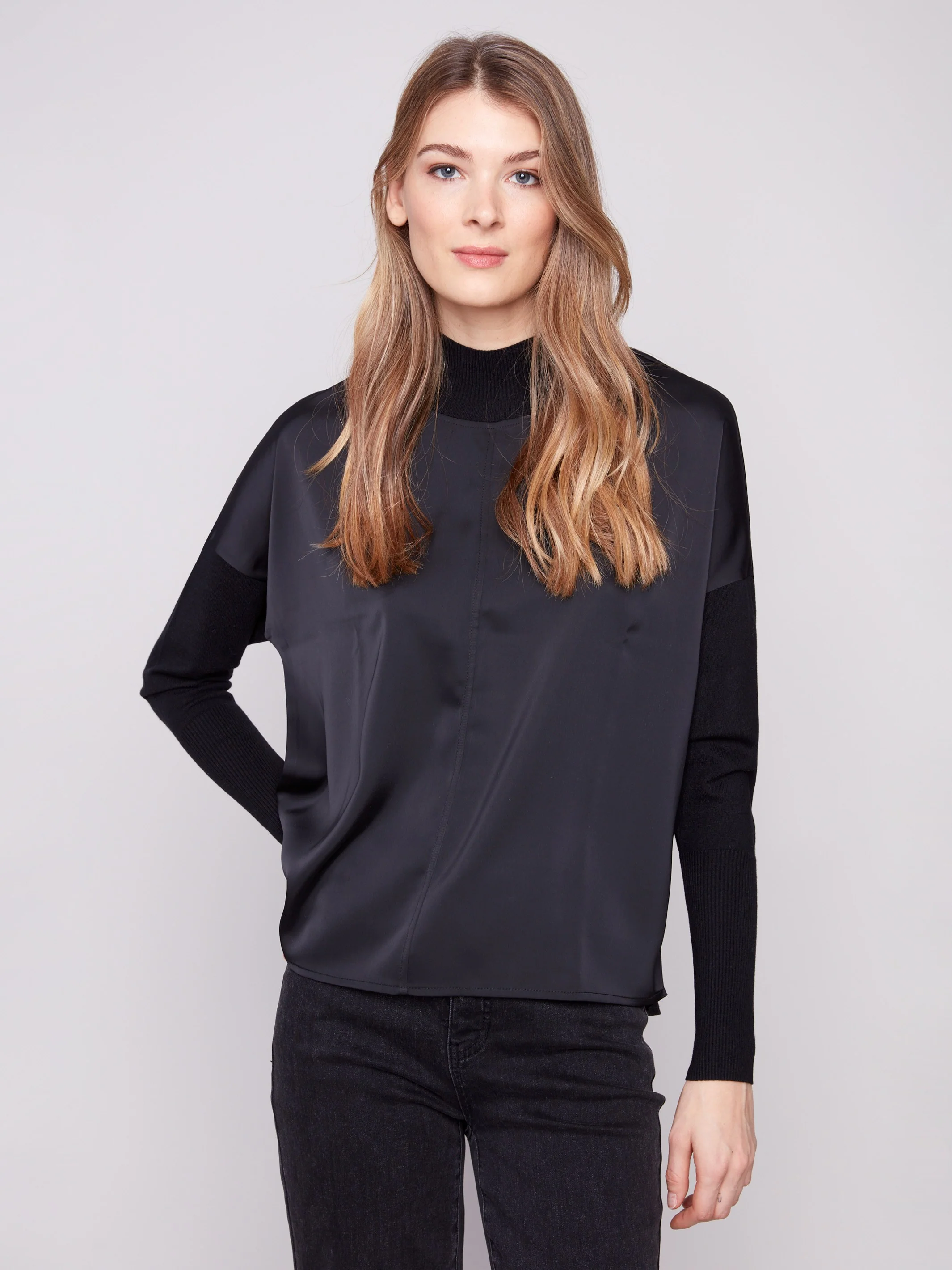 Satin Knit Top With Mock Neck - Black - WHSBYS