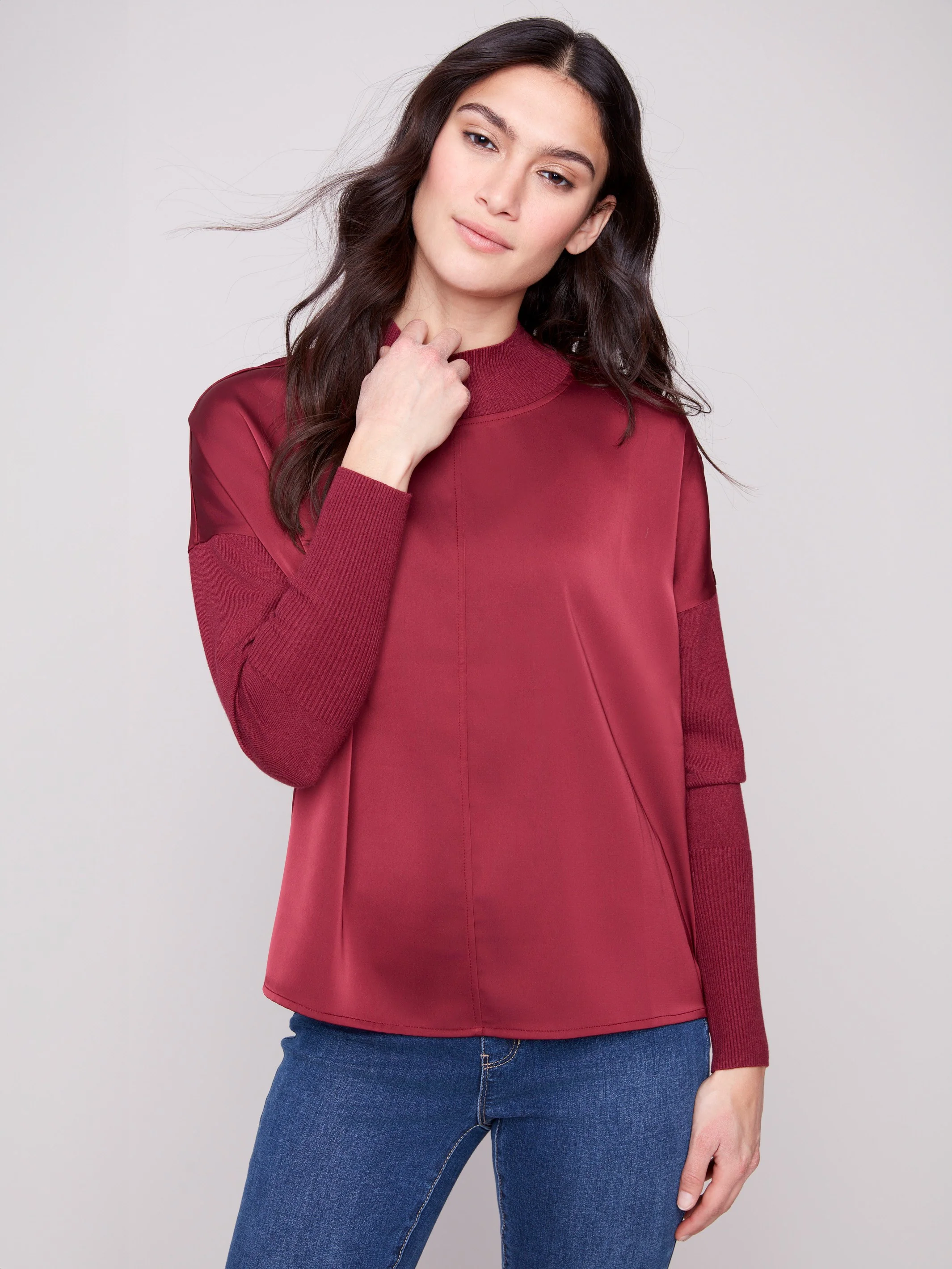 Satin Knit Top With Mock Neck - Cabernet - WHSBYS