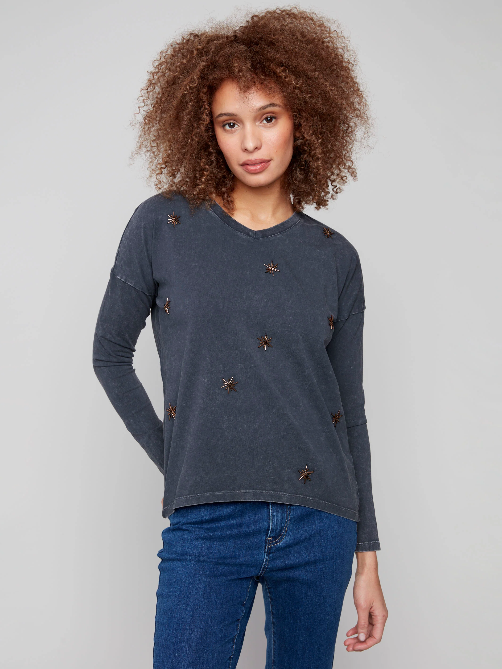 Beaded Vintage Wash V-Neck Knit Top - Charcoal - WHSBYS