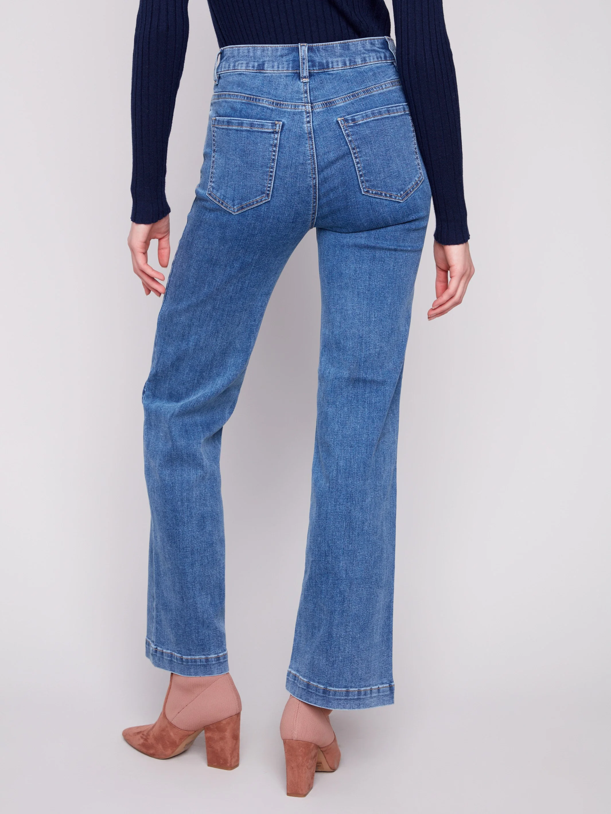 Flare Leg Jeans With Embellished Buttons - Medium Blue - WHSBYS