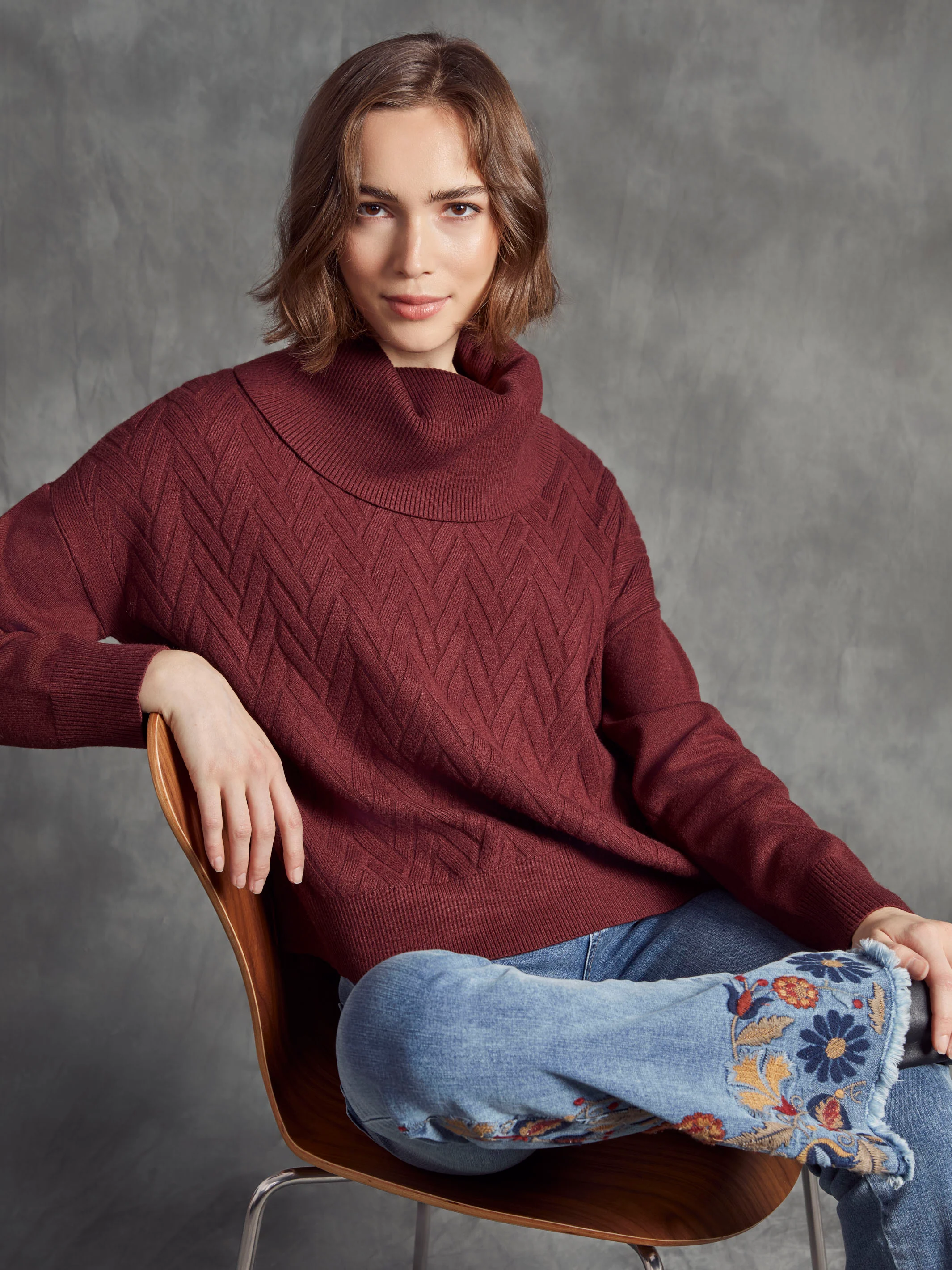 Cowl Neck Chevron Knit Sweater With Side Tie - Cabernet - WHSBYS