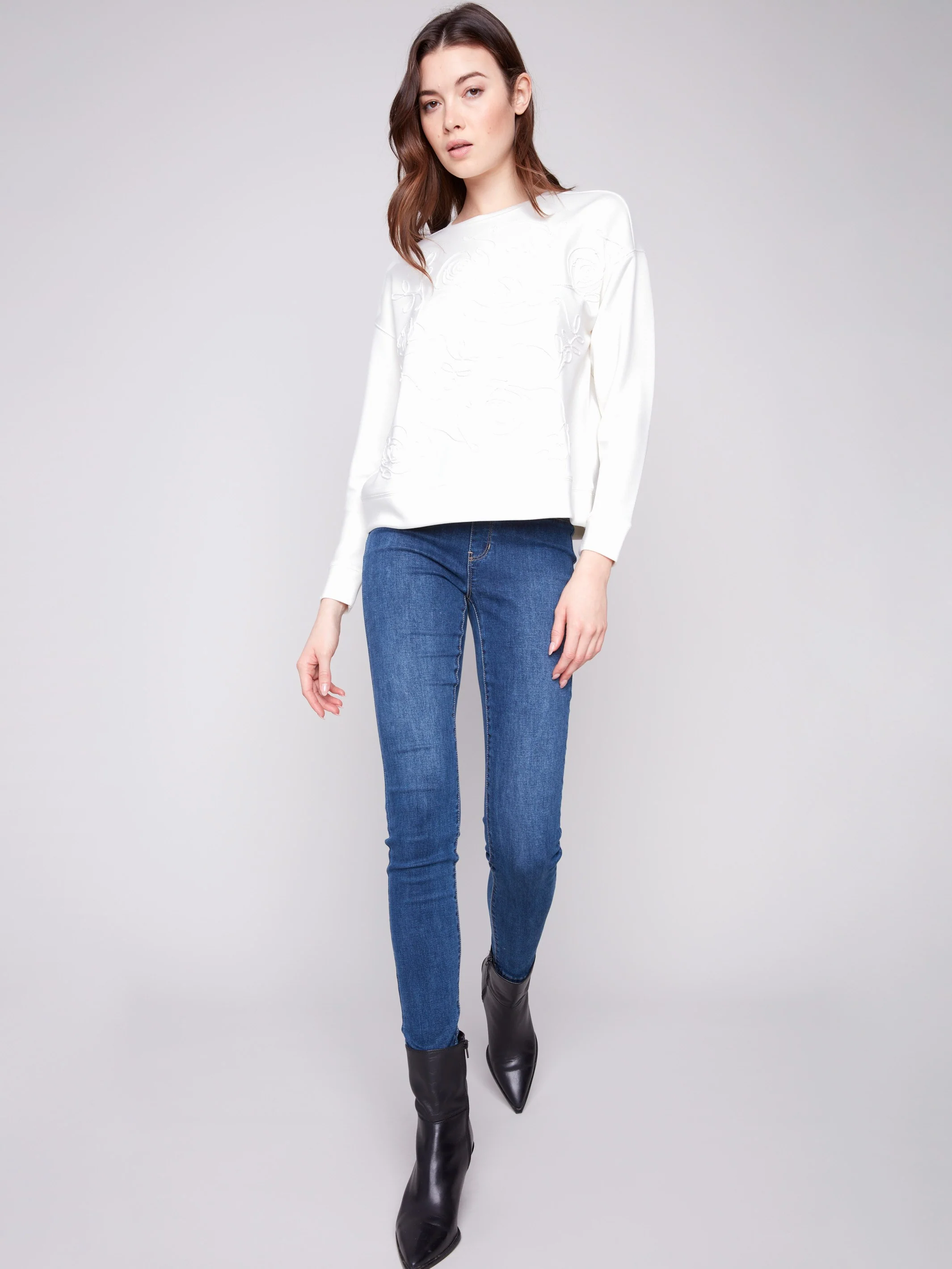 Scuba Knit Top with Soutache Detail - Ecru - WHSBYS