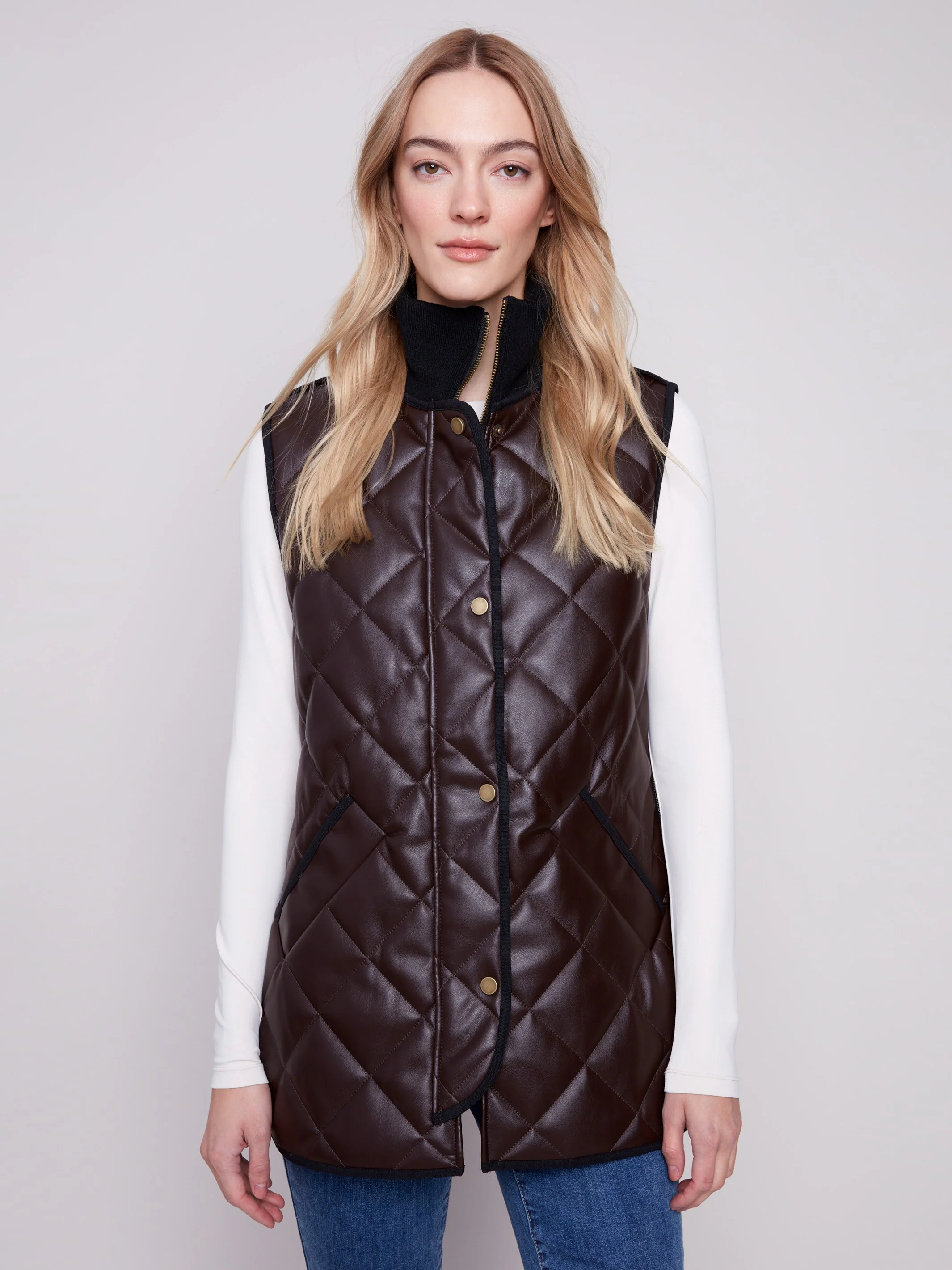 Long Quilted Faux Leather Vest - Mocha - WHSBYS