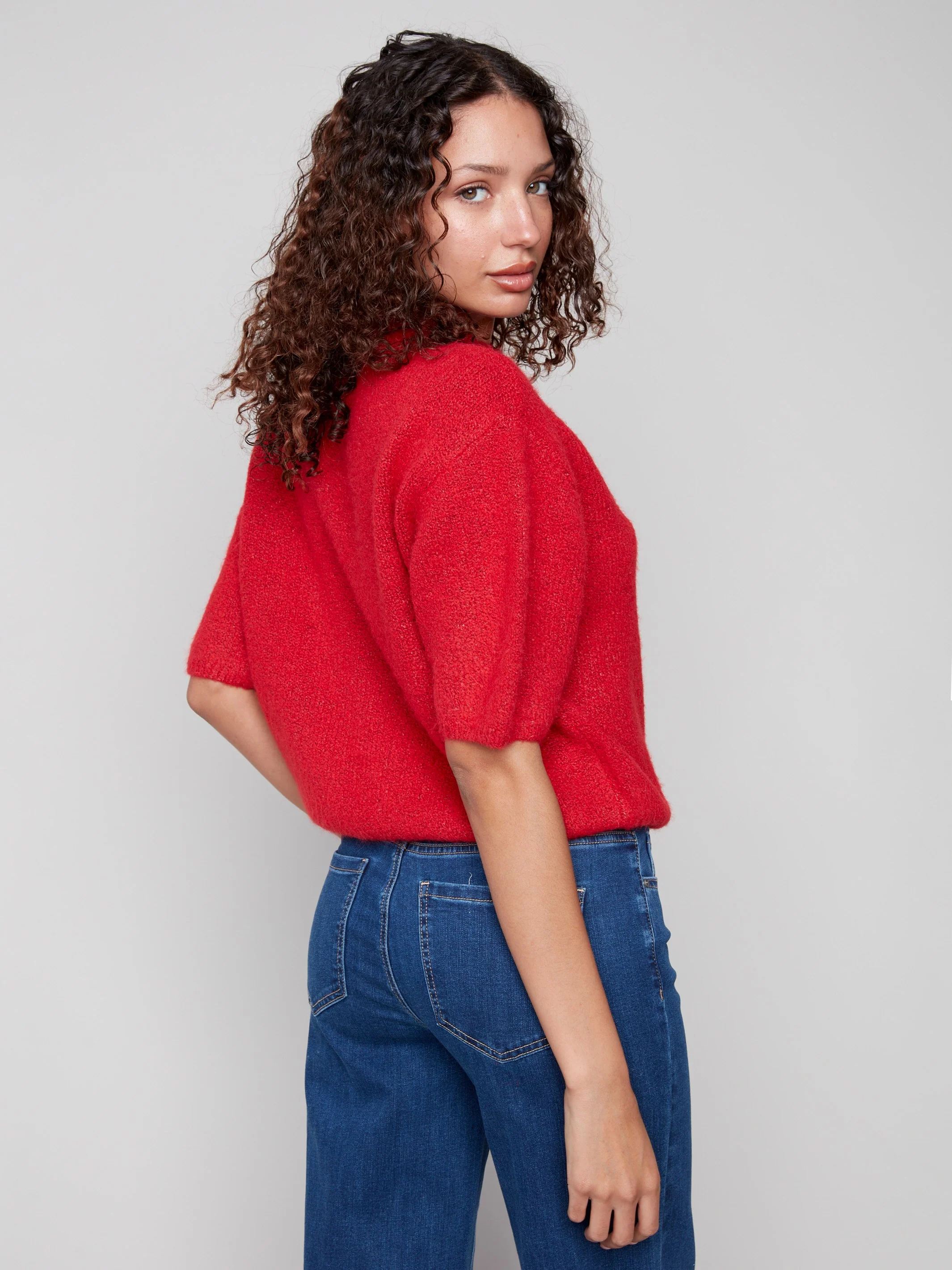 Balloon Elbow Sleeve Knit Sweater - Crimson - WHSBYS