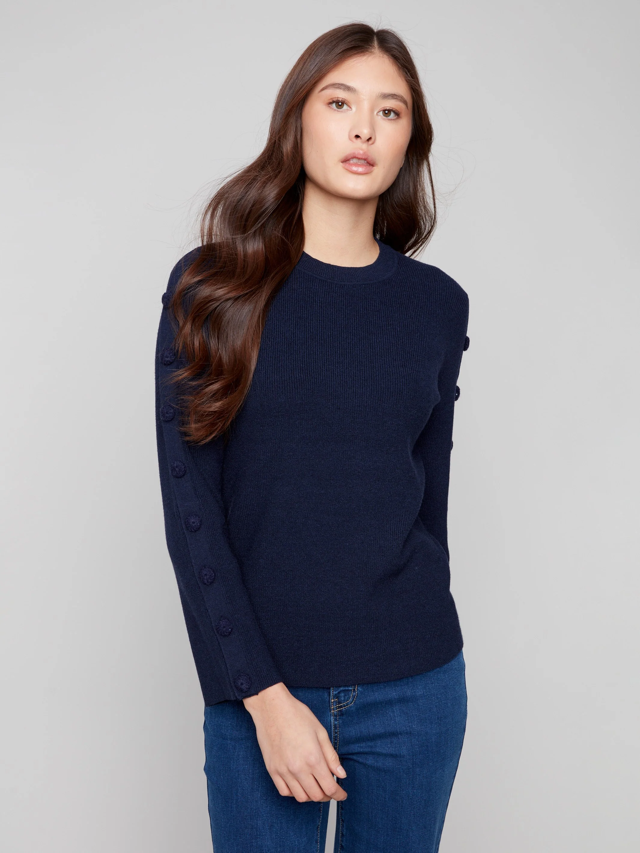 Ribbed Crew Neck Sweater With Buttons Details - Navy - WHSBYS