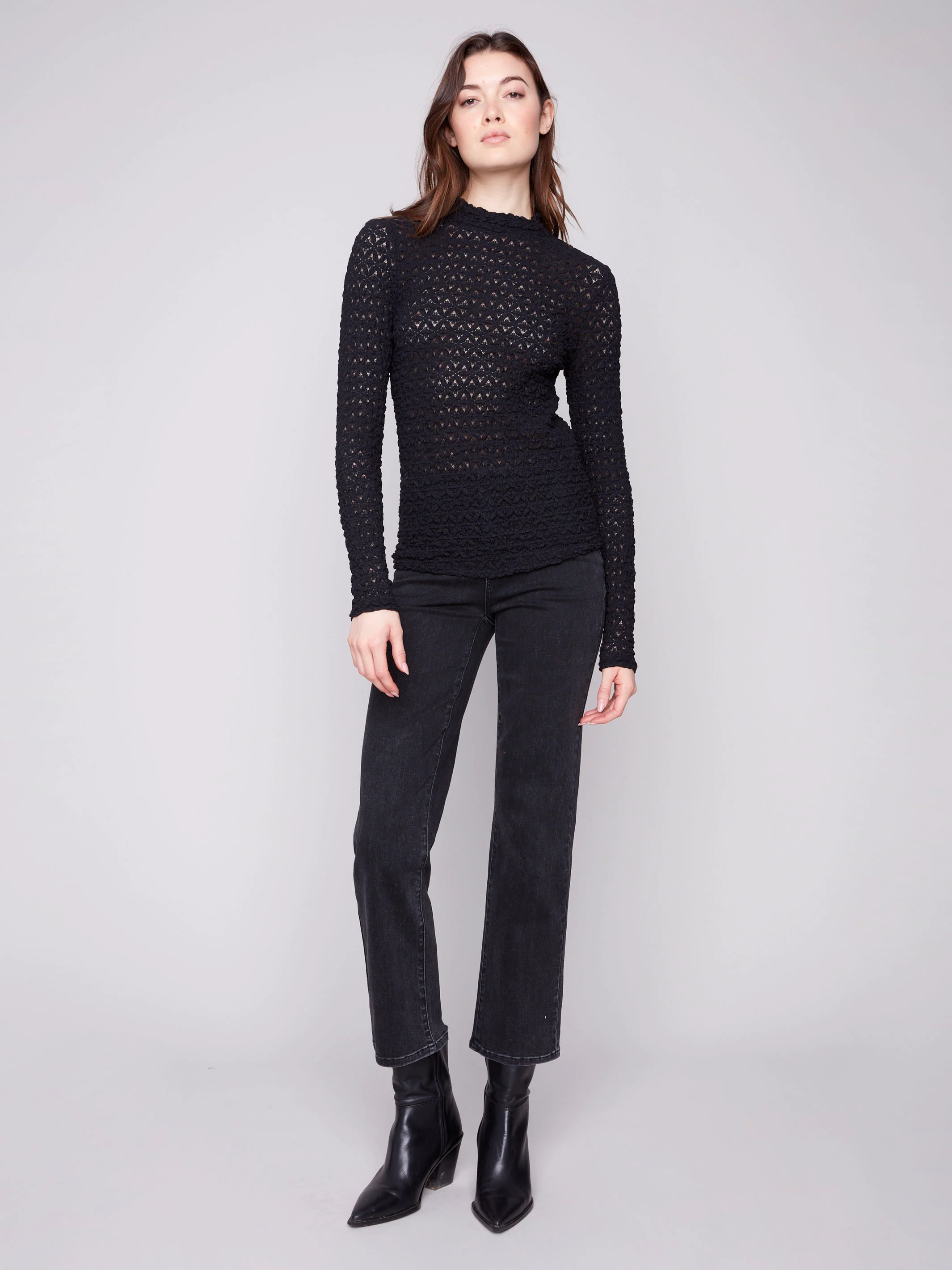 Lace Mock Neck Top - Black - WHSBYS