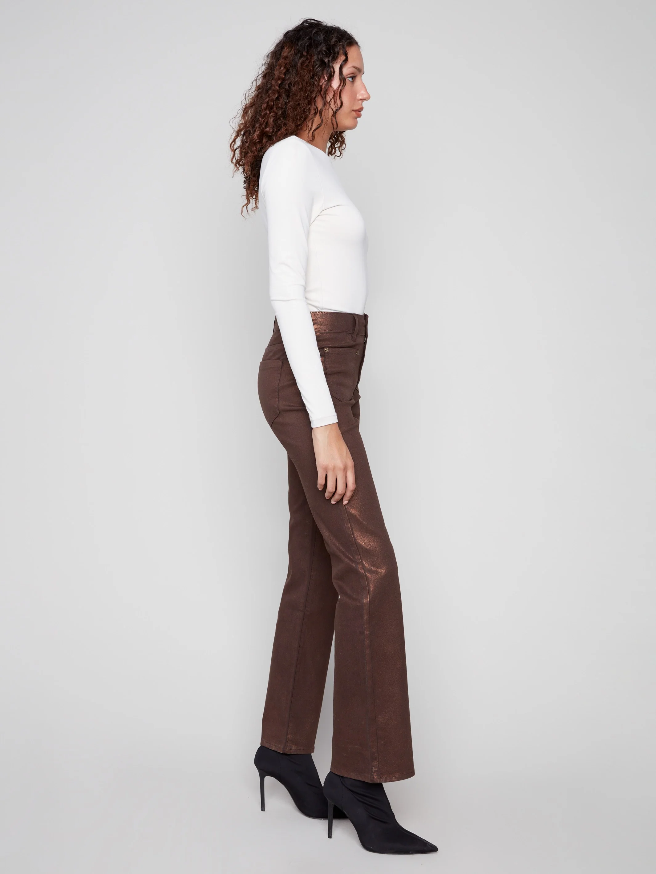 Patch Pocket Flare Metallic Twill Pants With Rivets - Bronze - WHSBYS