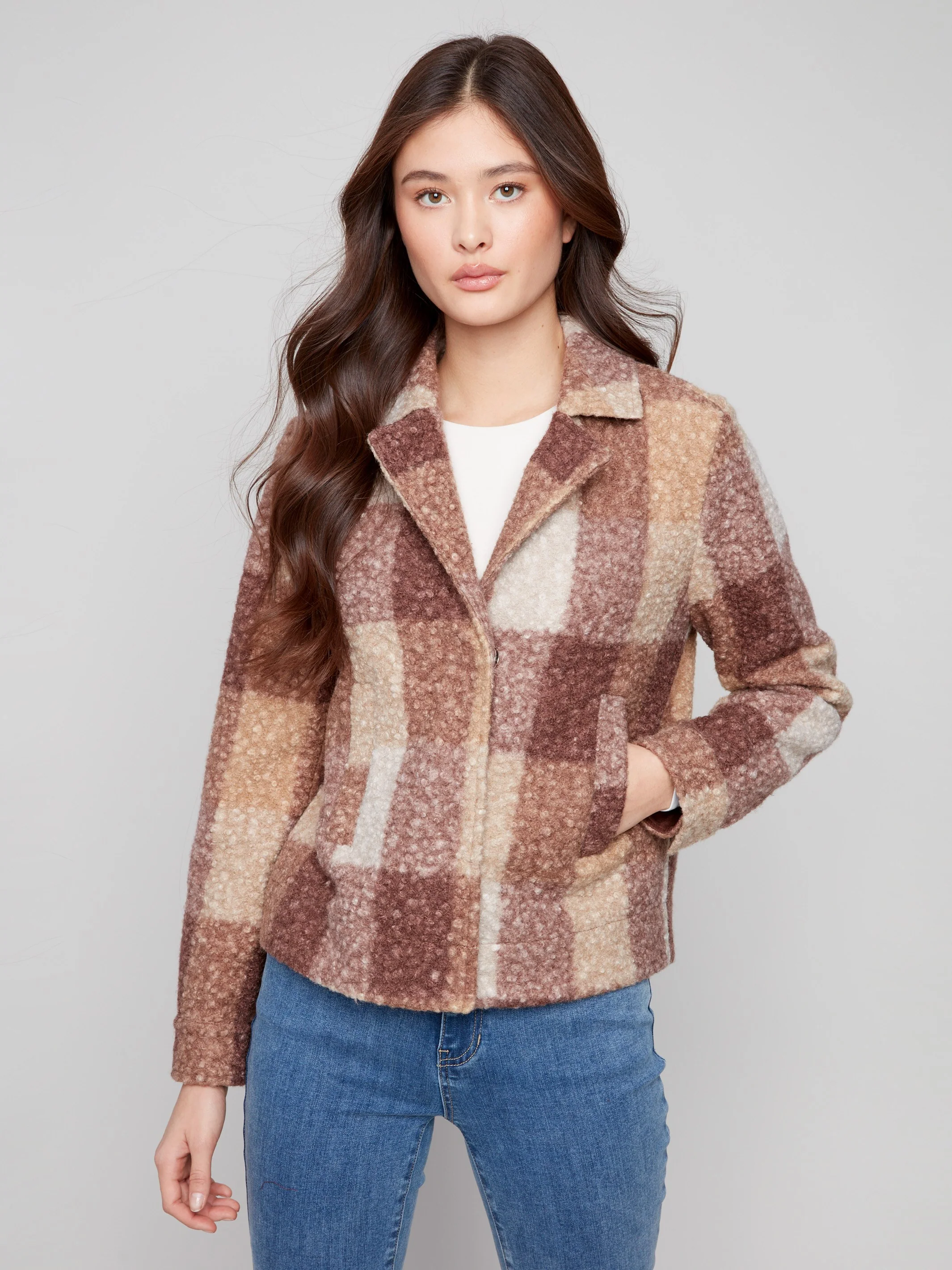 Plaid Bouclé Knit Short Coat - Mocha - WHSBYS