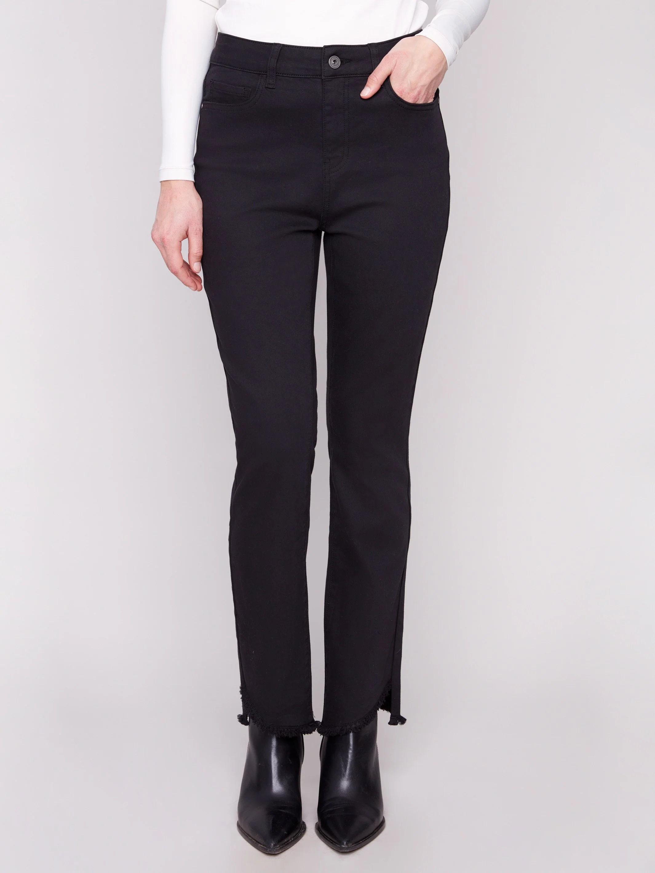 Bootcut Twill Pants With Asymmetrical Hem - Black - WHSBYS