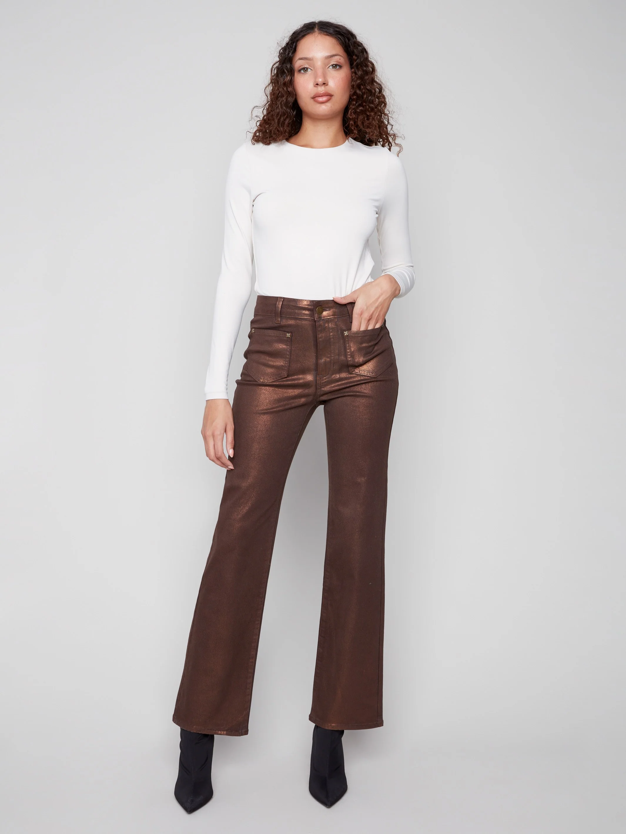 Patch Pocket Flare Metallic Twill Pants With Rivets - Bronze - WHSBYS