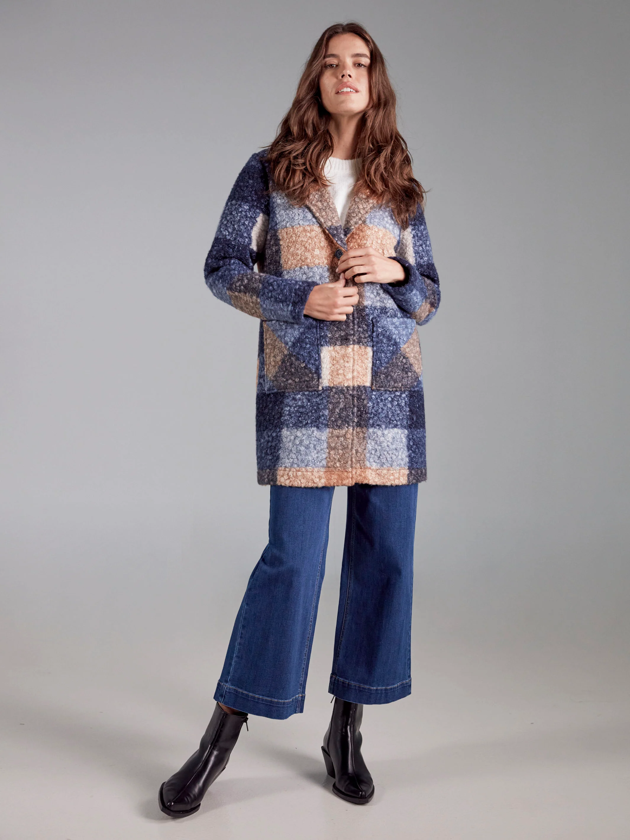 Plaid Bouclé Knit Coat - Moonlight - WHSBYS