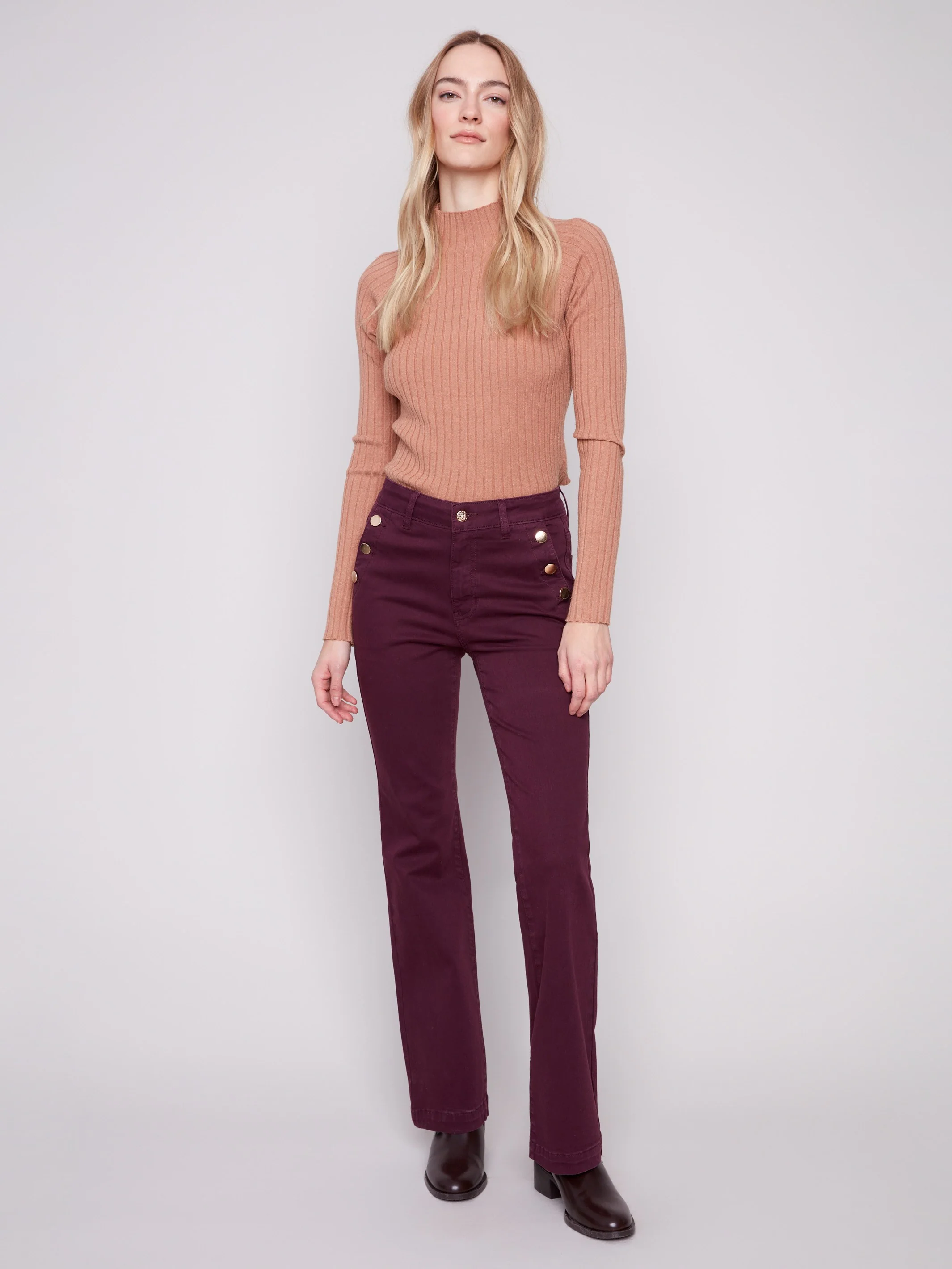 Flare Leg Stretch Twill Pants With Buttons - Berry - WHSBYS