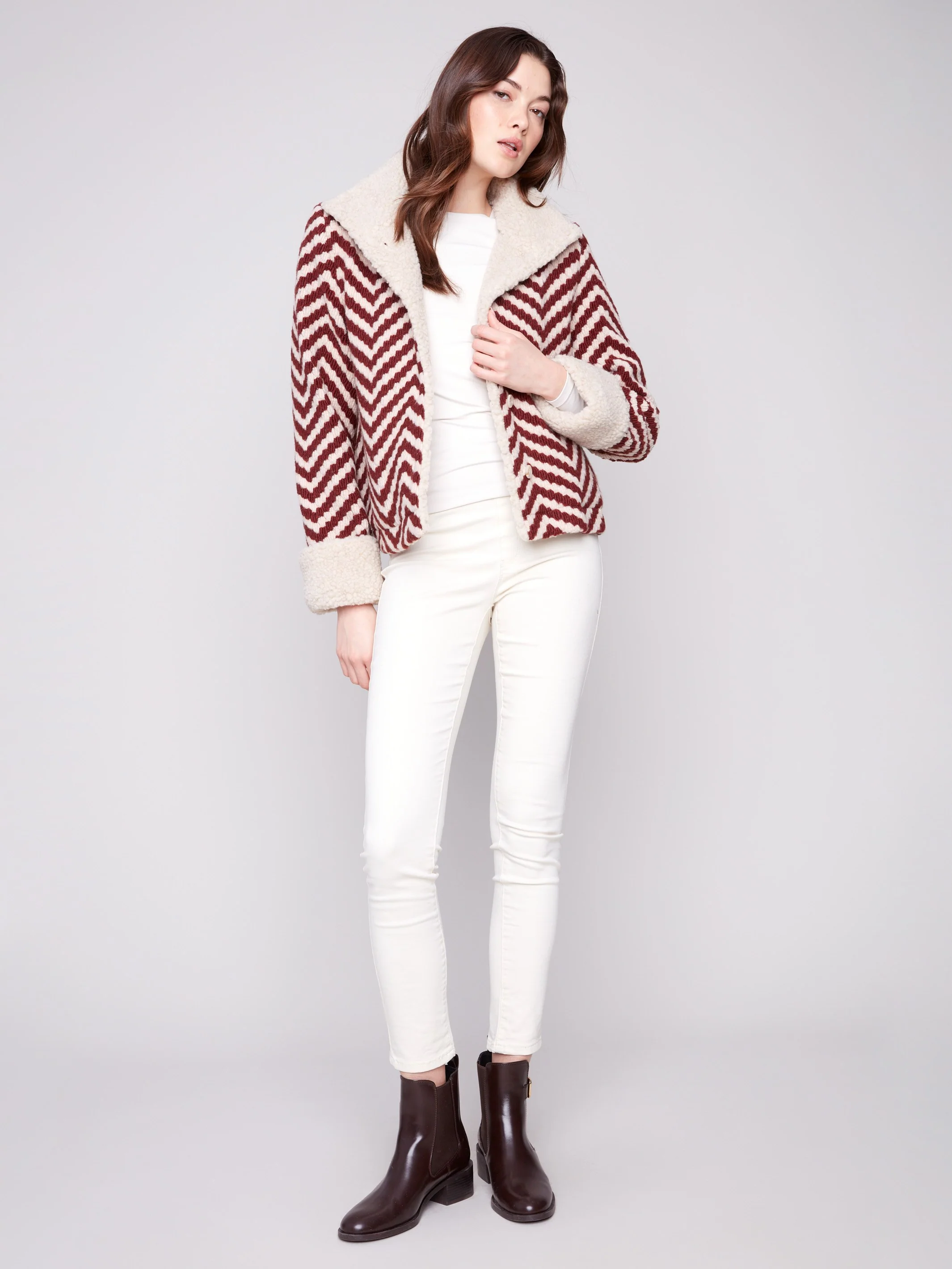 Chevron Bouclé Short Jacket With Sherpa Trim - Cabernet - WHSBYS