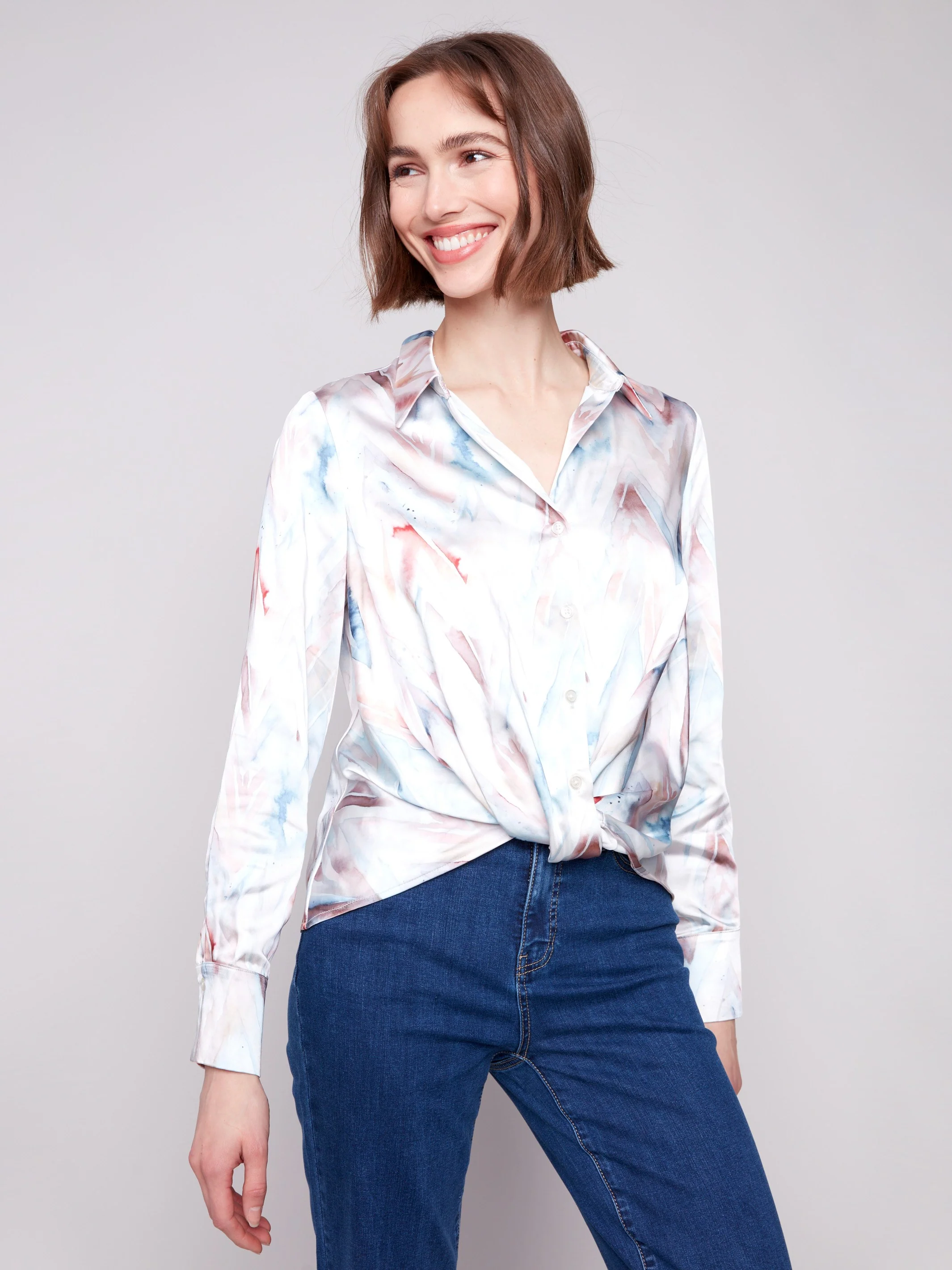 Printed Satin Button-Down Shirt With Twisted Front - Chevron - WHSBYS