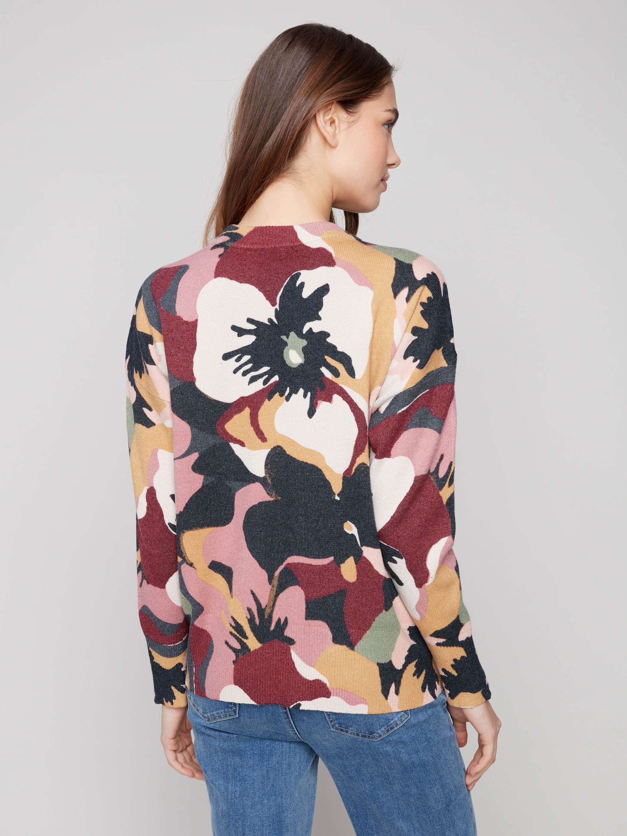 Printed Crew Neck Sweater With Sleeve Zippers - Flowery - WHSBYS