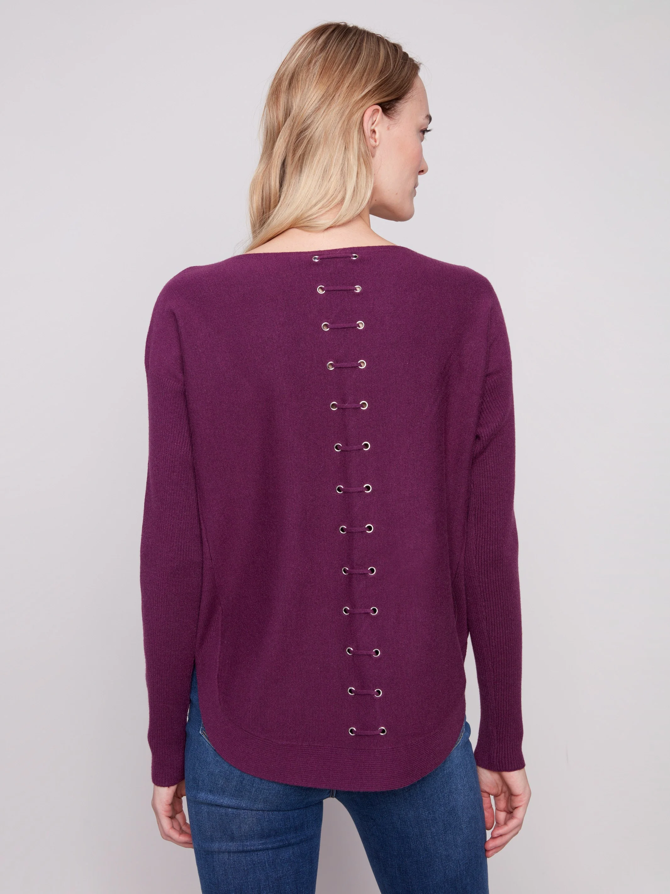 Knit Sweater With Back Lace-Up Detail - Berry - WHSBYS