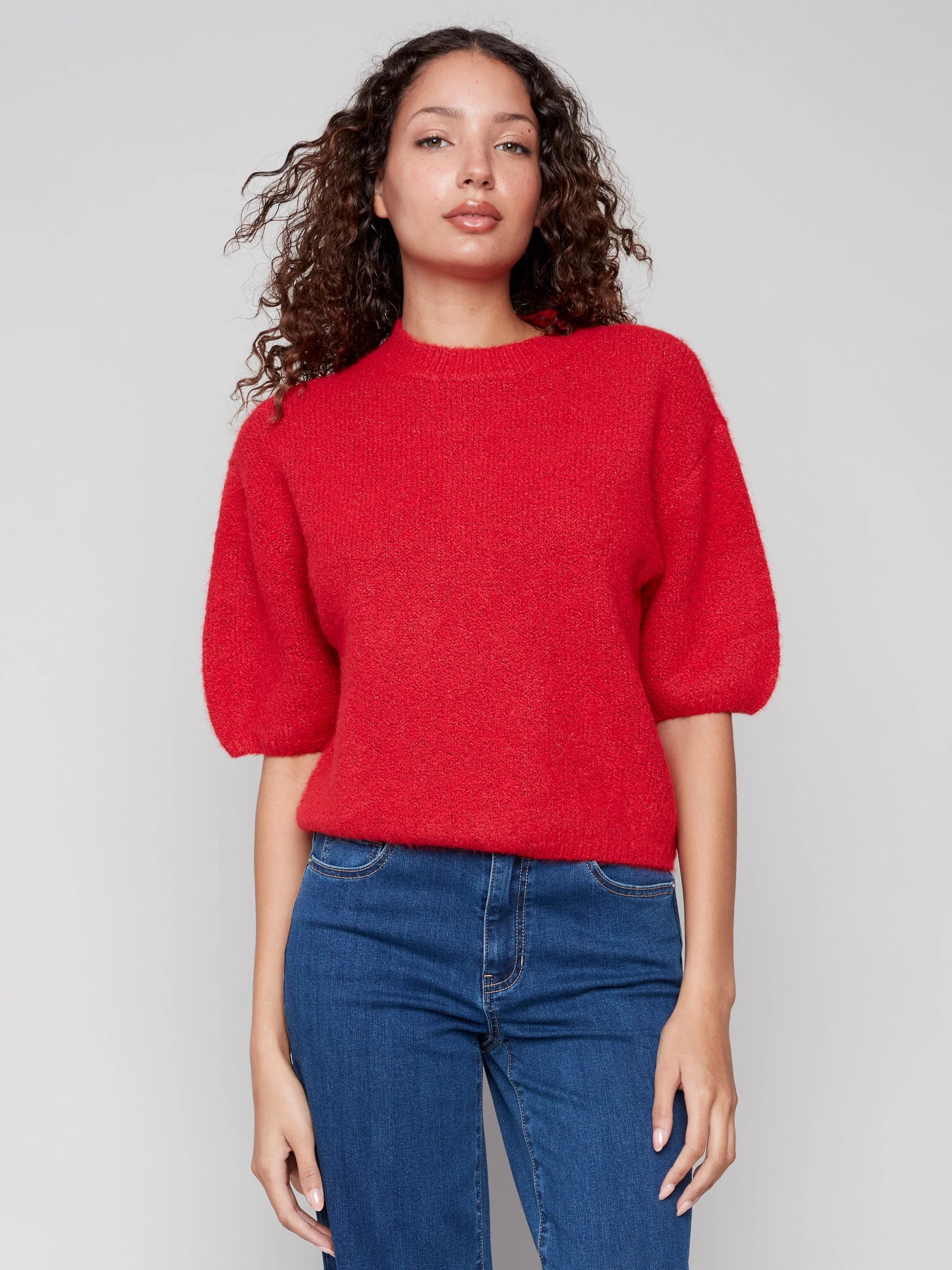 Balloon Elbow Sleeve Knit Sweater - Crimson - WHSBYS