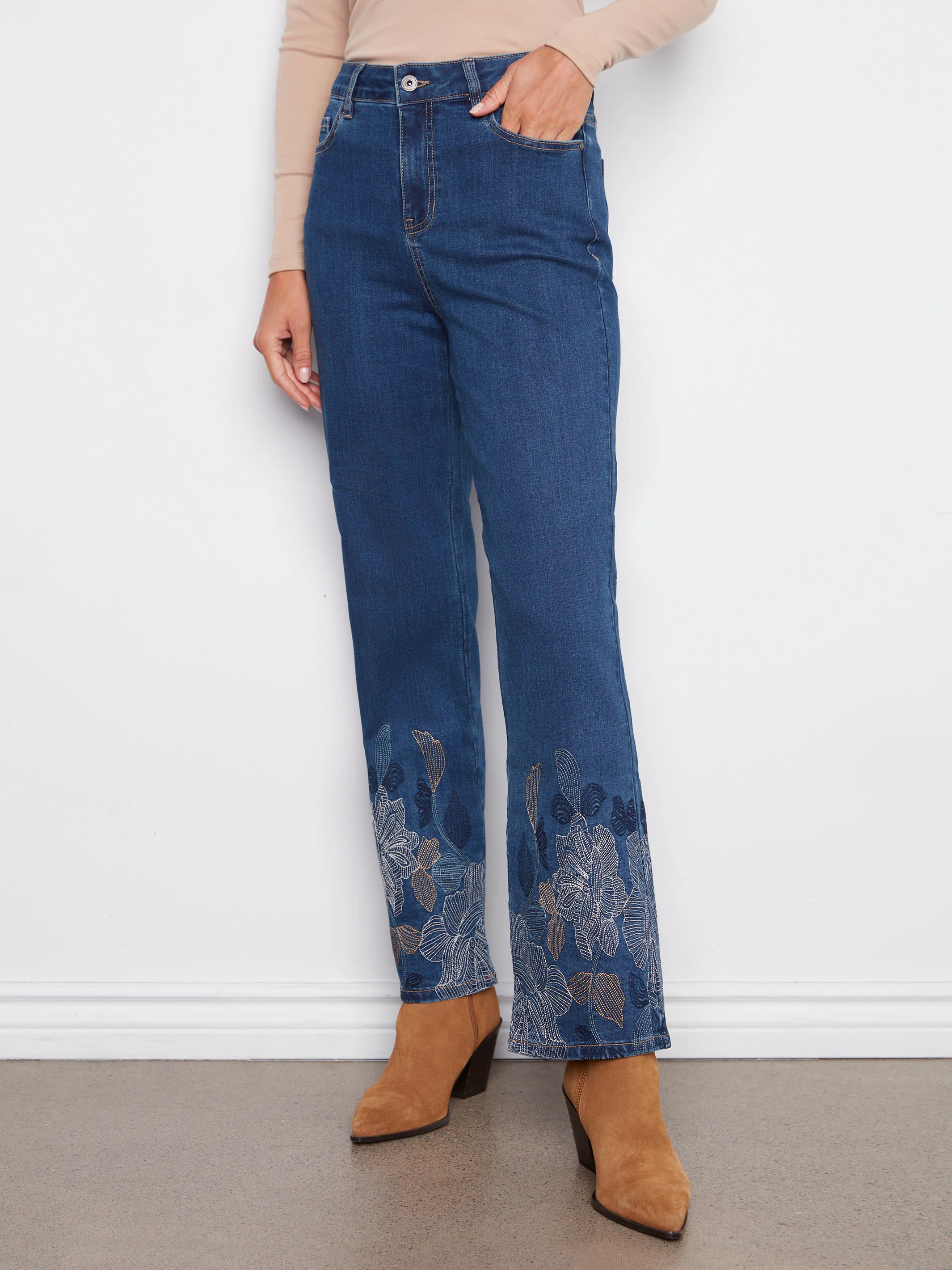 Straight Leg Metallic Embroidered Jeans - Indigo - WHSBYS