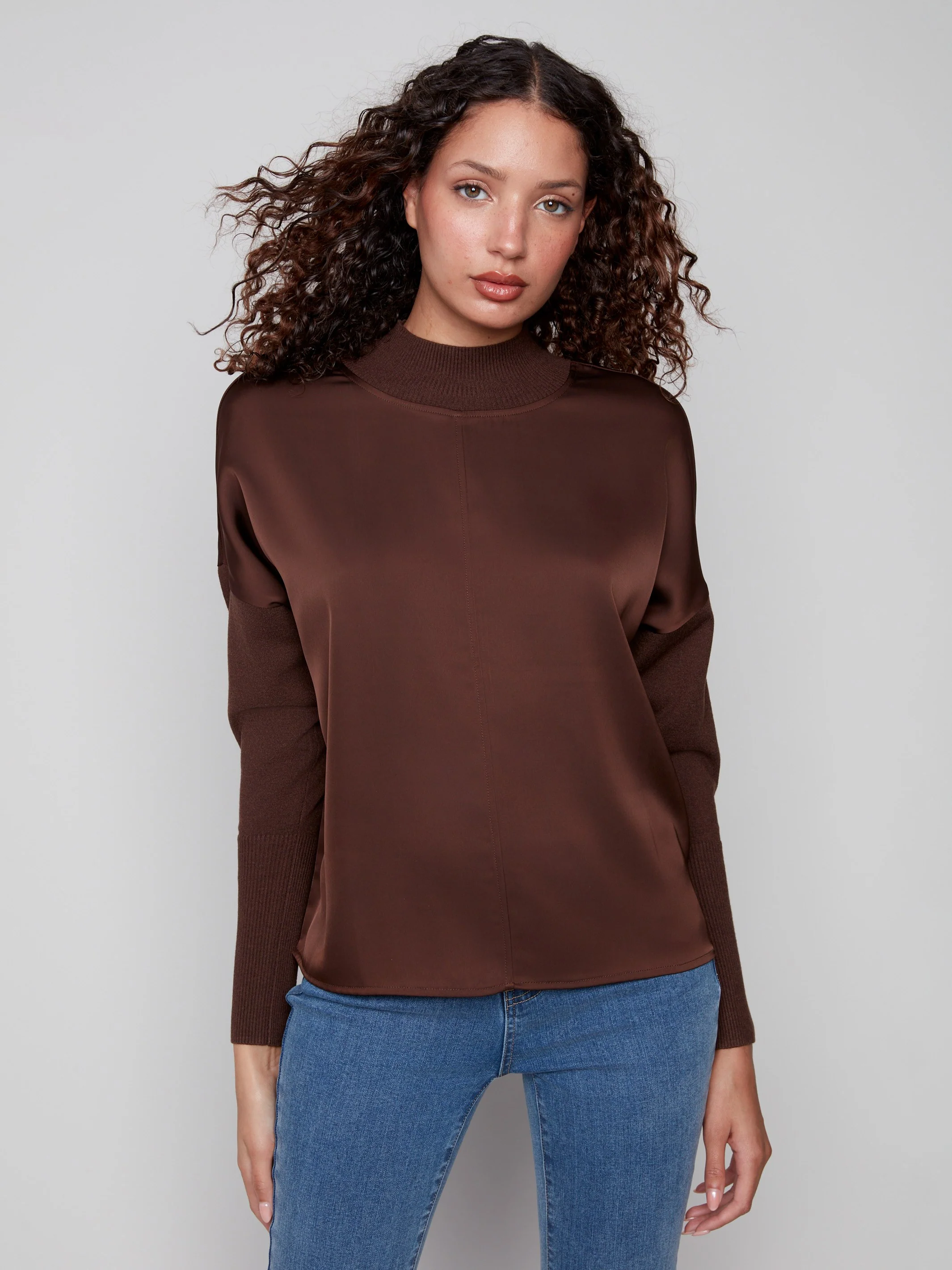 Satin Knit Top With Mock Neck - Mocha - WHSBYS