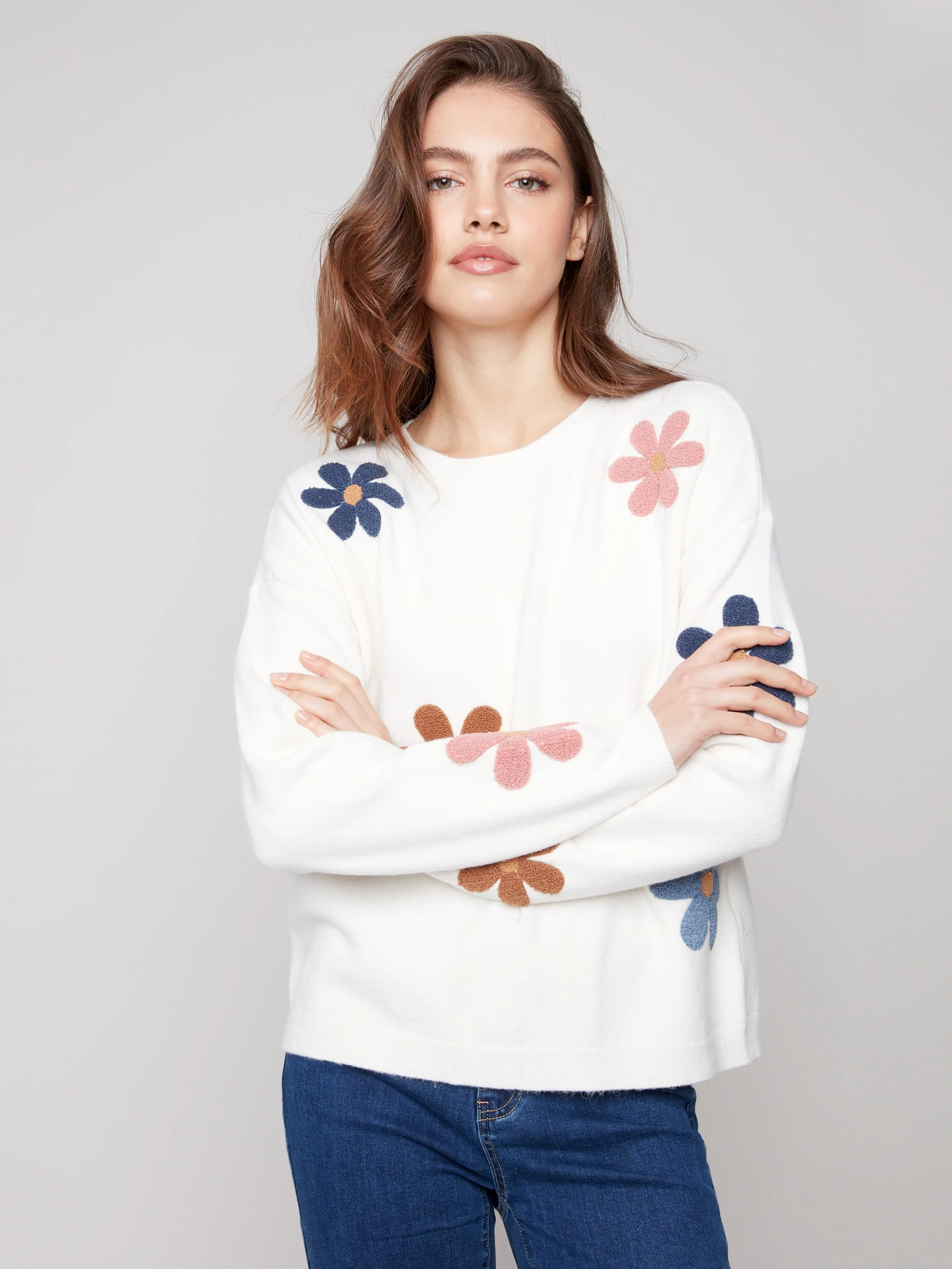 Plush Sweater with Boucle Flowers - Ecru - WHSBYS