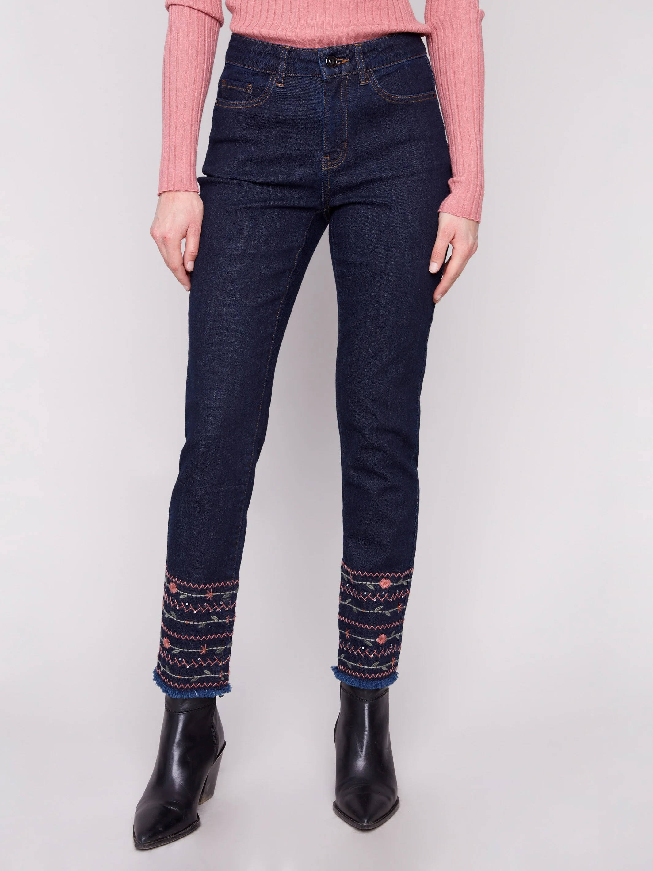 Embroidered Hem Jeans - Deep Blue - WHSBYS