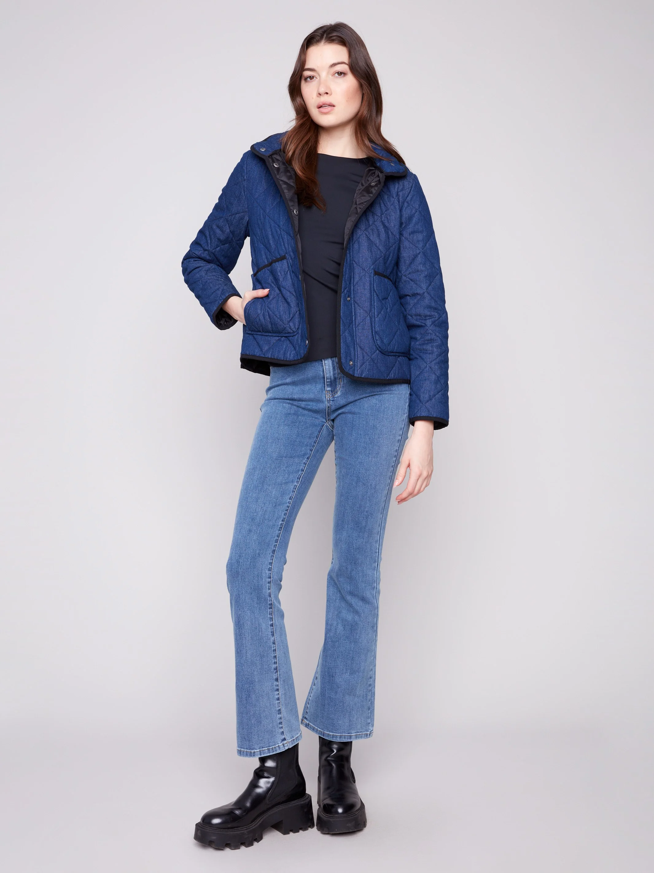 Denim Quilted Puffer Jacket With Removable Hood - Classic Blue - WHSBYS