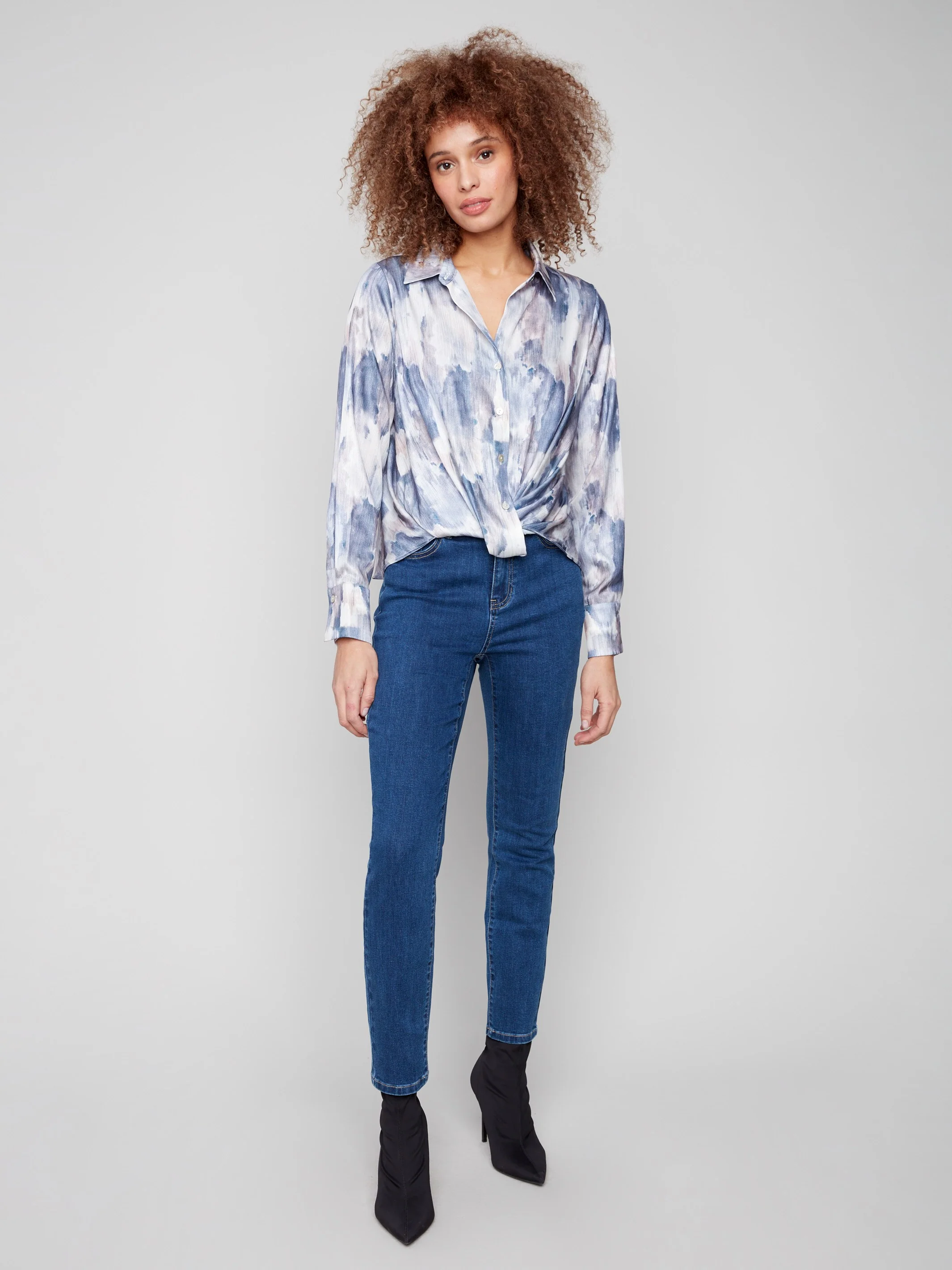 Printed Button-Down Shirt With Twisted Front - Pearly - WHSBYS