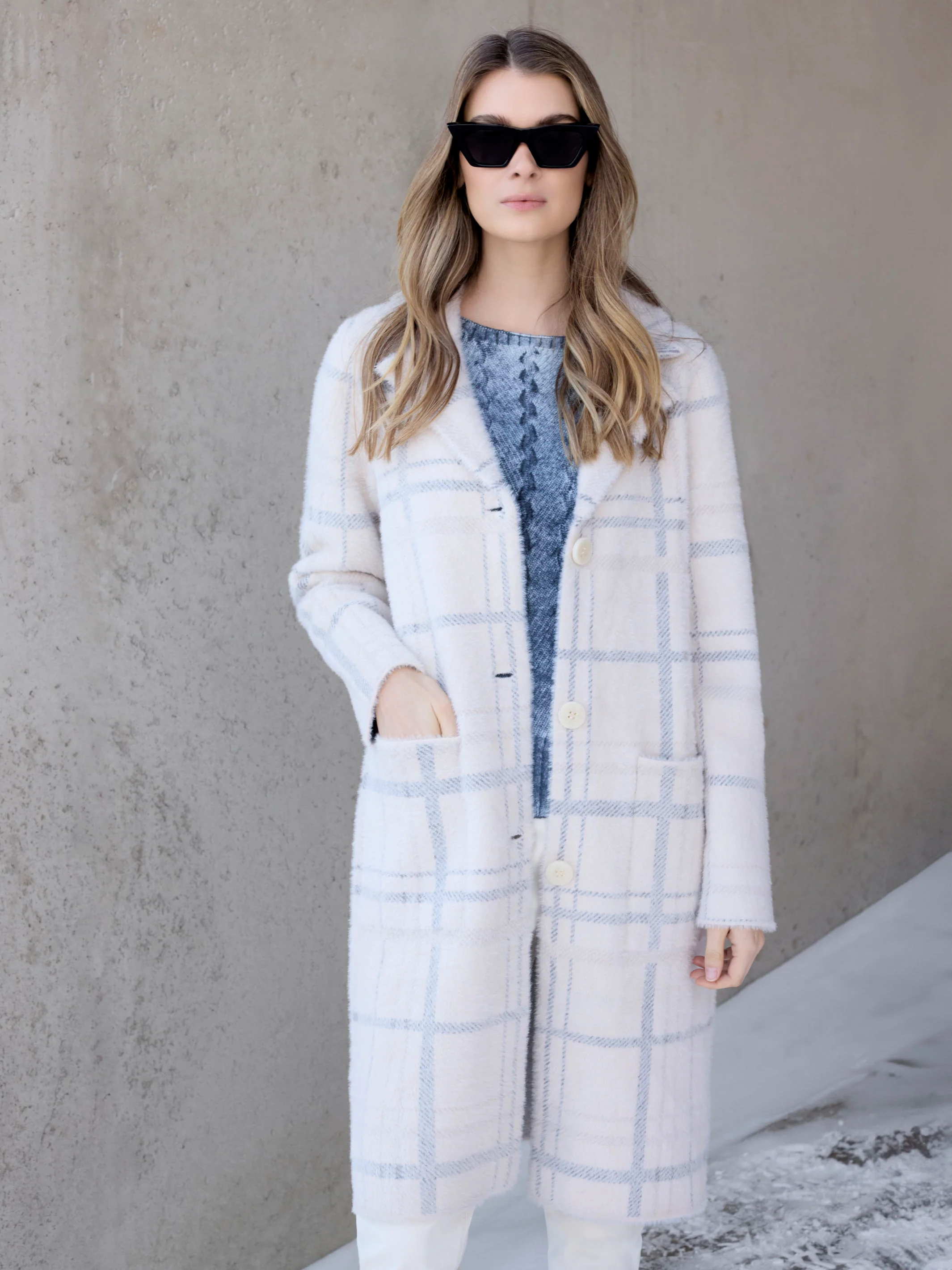 Long Plaid Knit Coatigan - Ivory - WHSBYS