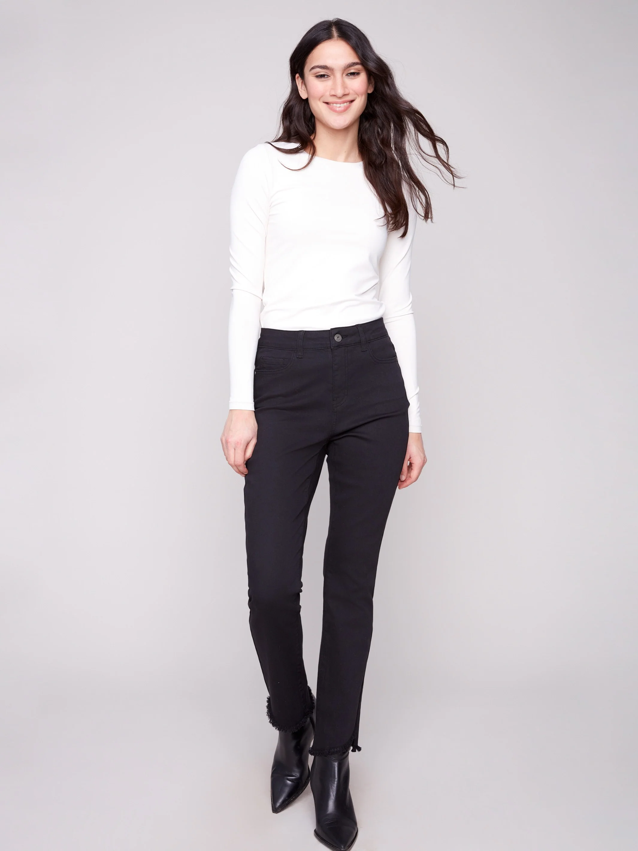 Bootcut Twill Pants With Asymmetrical Hem - Black - WHSBYS