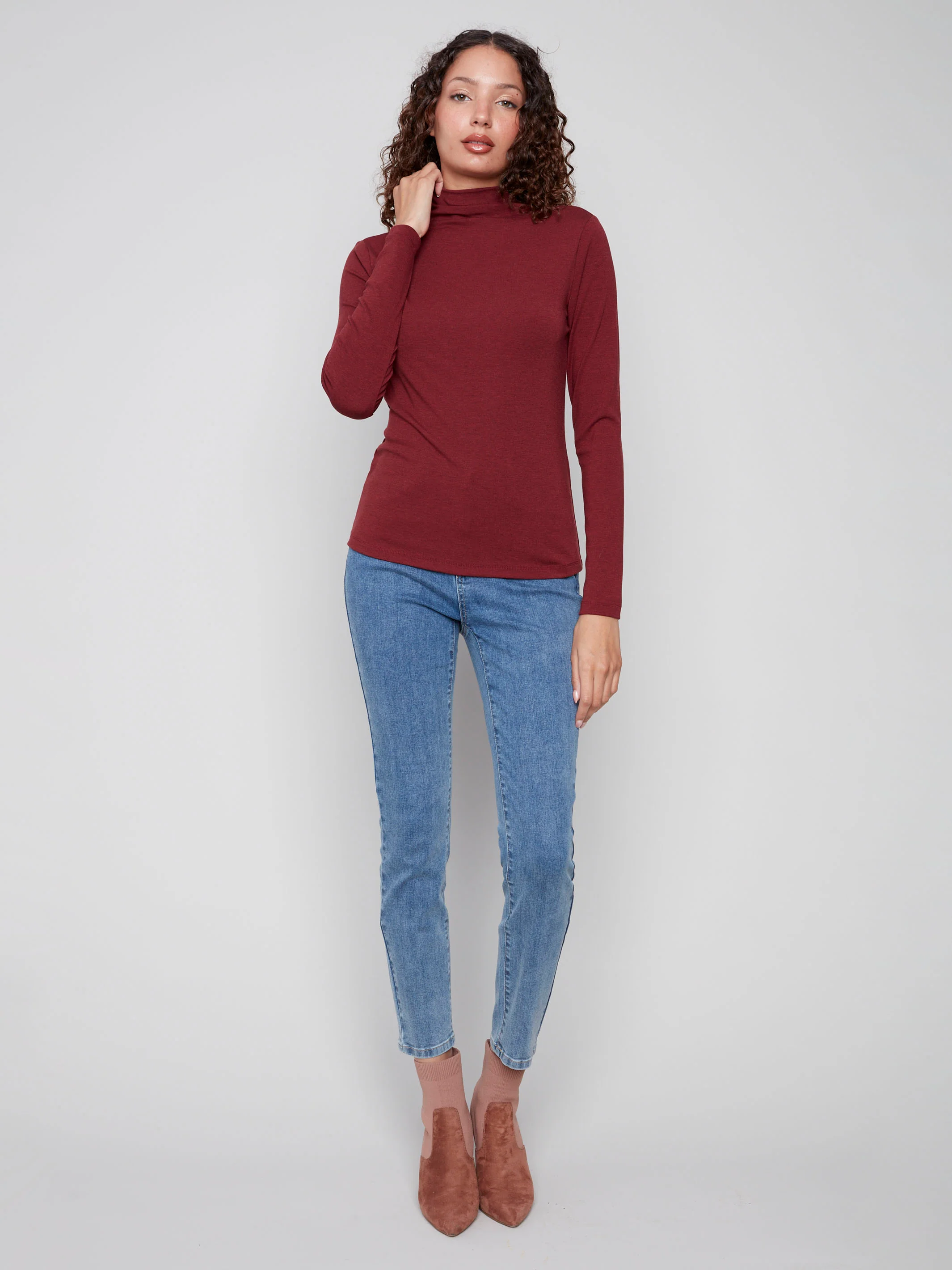 Long Sleeve Mock Neck Top - Cabernet - WHSBYS