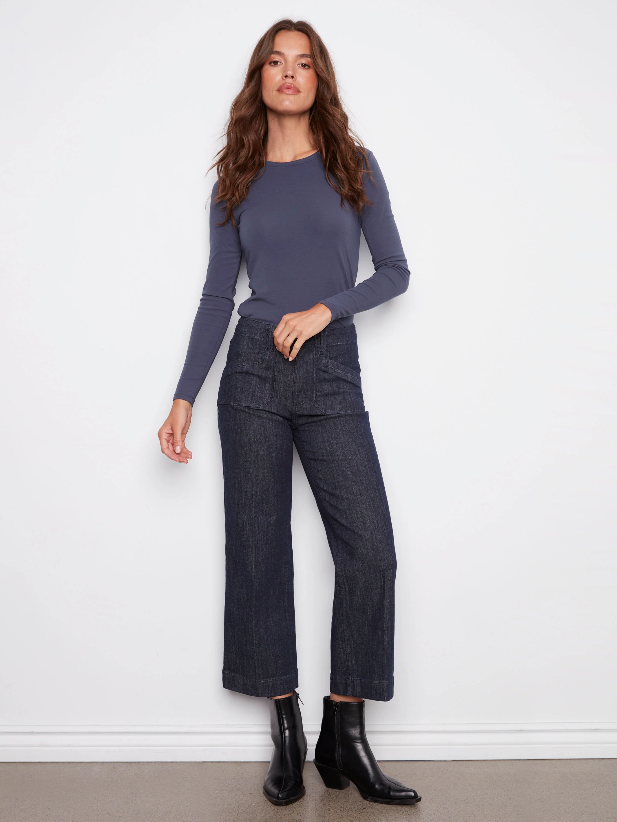 Cropped Wide Leg Stretch Jeans - Deep Blue - WHSBYS