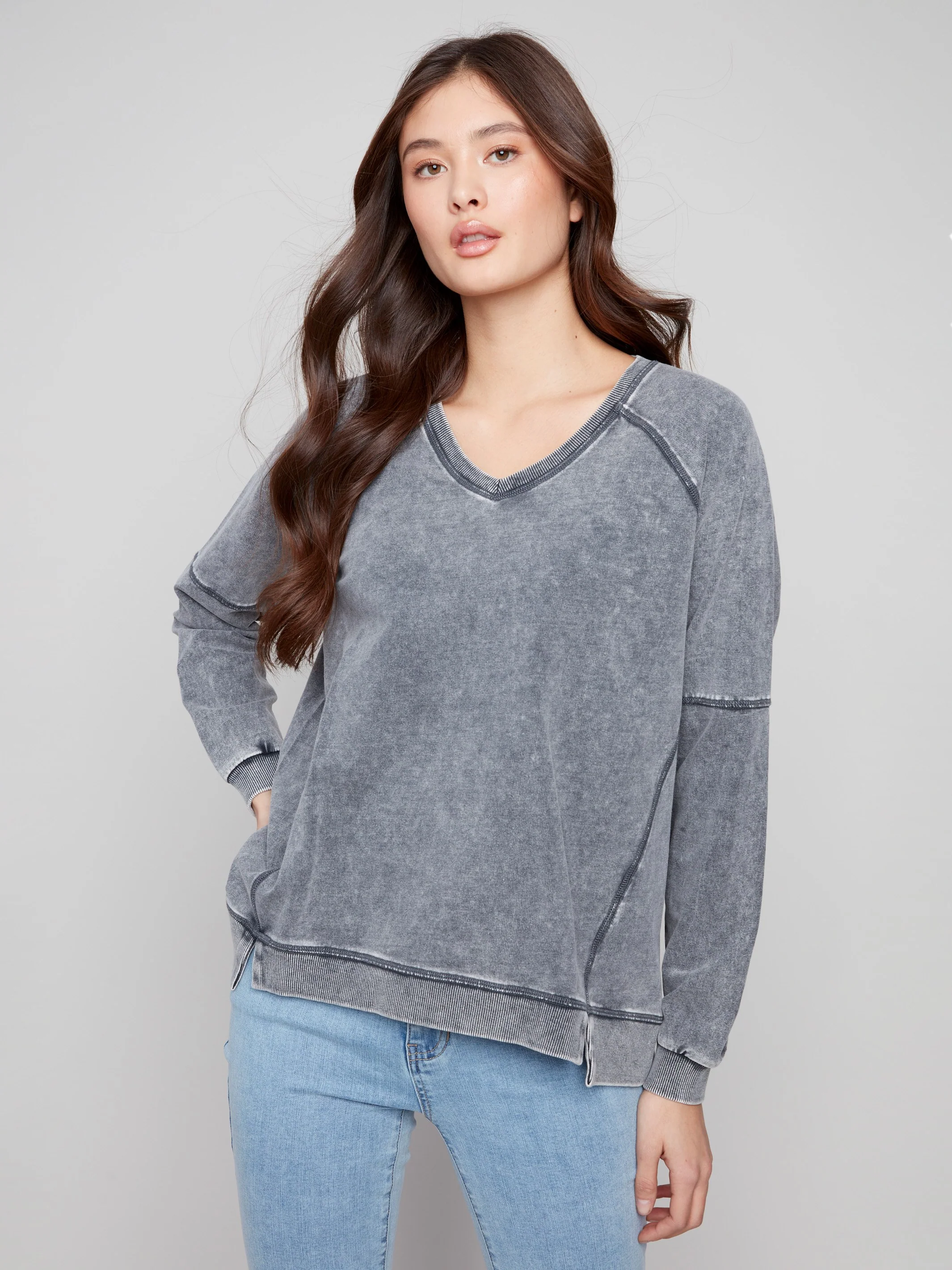 Cold Dye French Terry V-Neck Top - Charcoal - WHSBYS