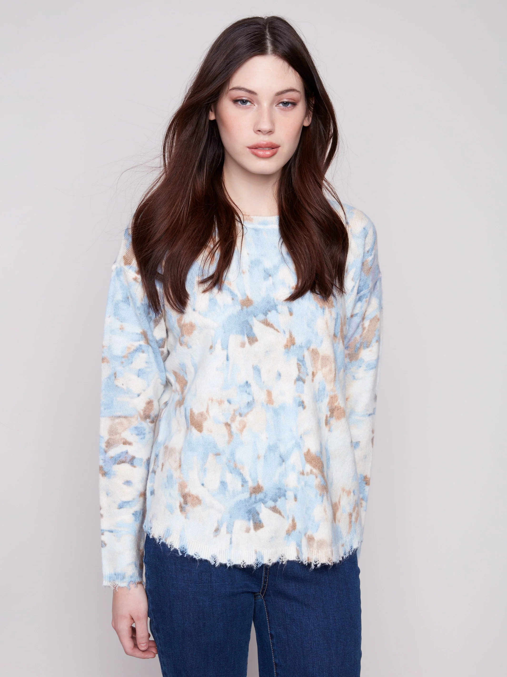 Reversible Printed Plush Sweater With Frayed Edges - Vapor - WHSBYS